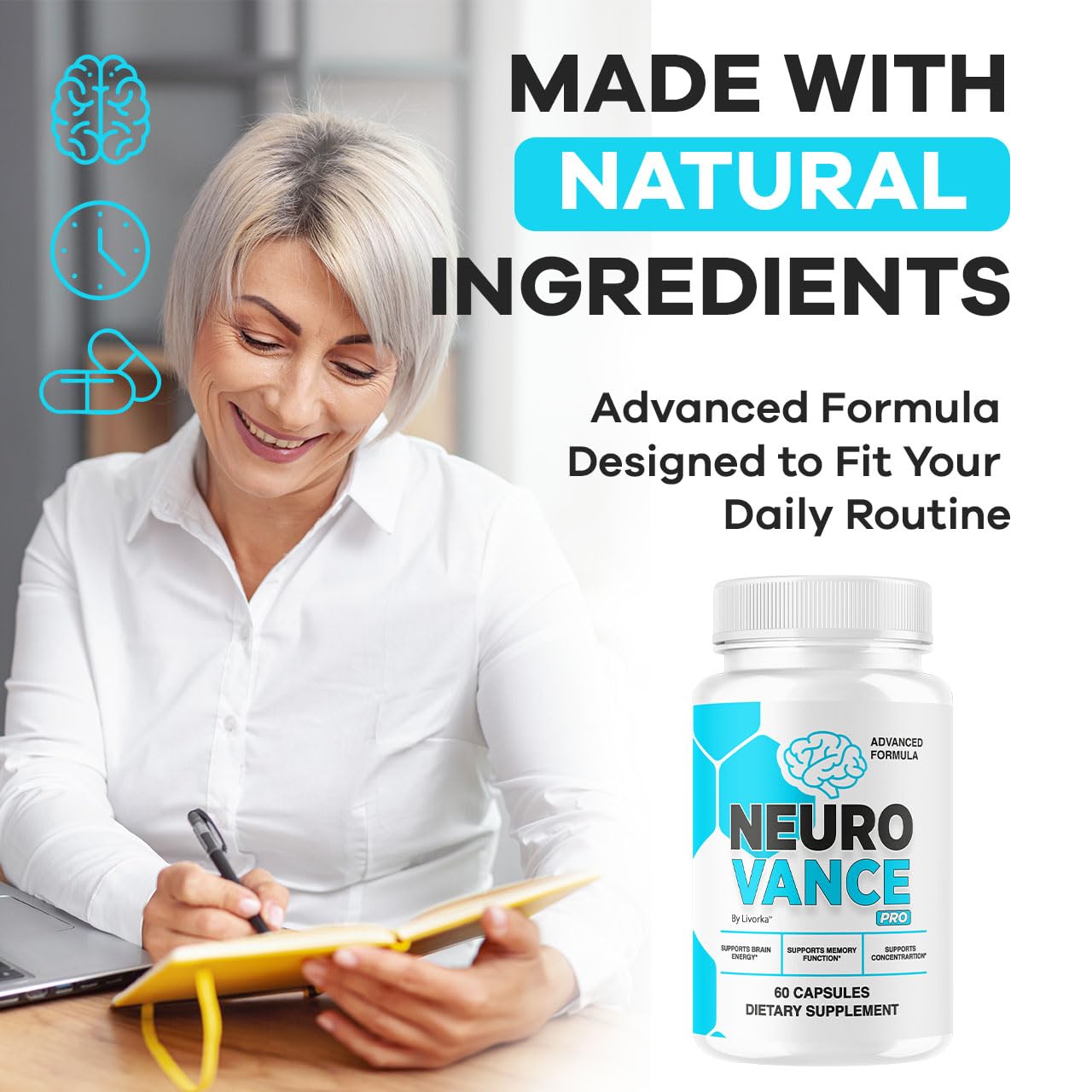LIVORKA Neuro Vance Pro glass bottle on desk during study sessions.
