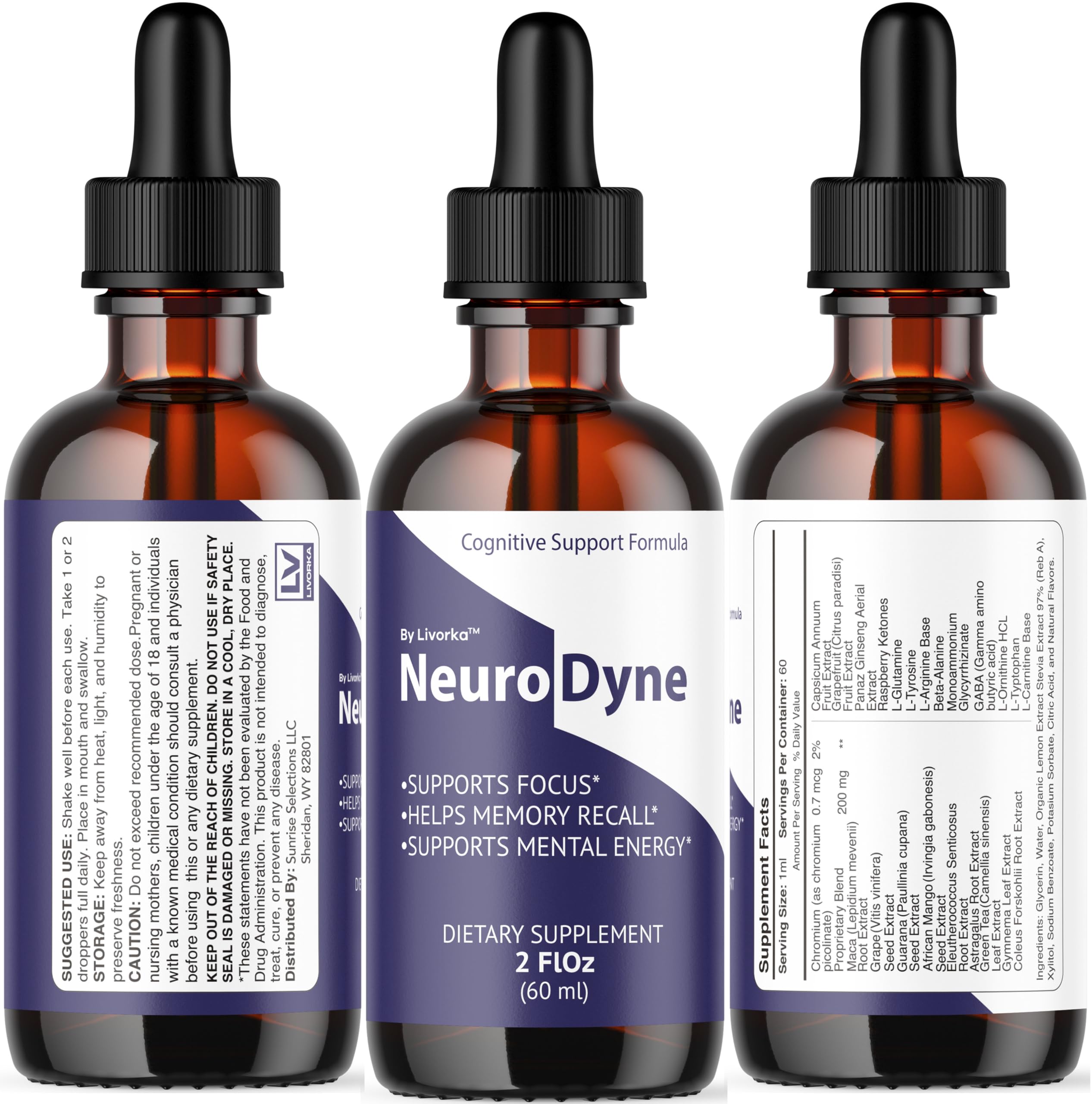 LIVORKA NeuroDyne ingredients scene hints at natural liquid drops.