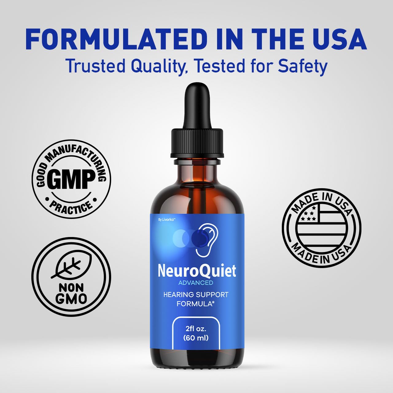 LIVORKA NeuroQuiet Drops label detail emphasizing natural formula