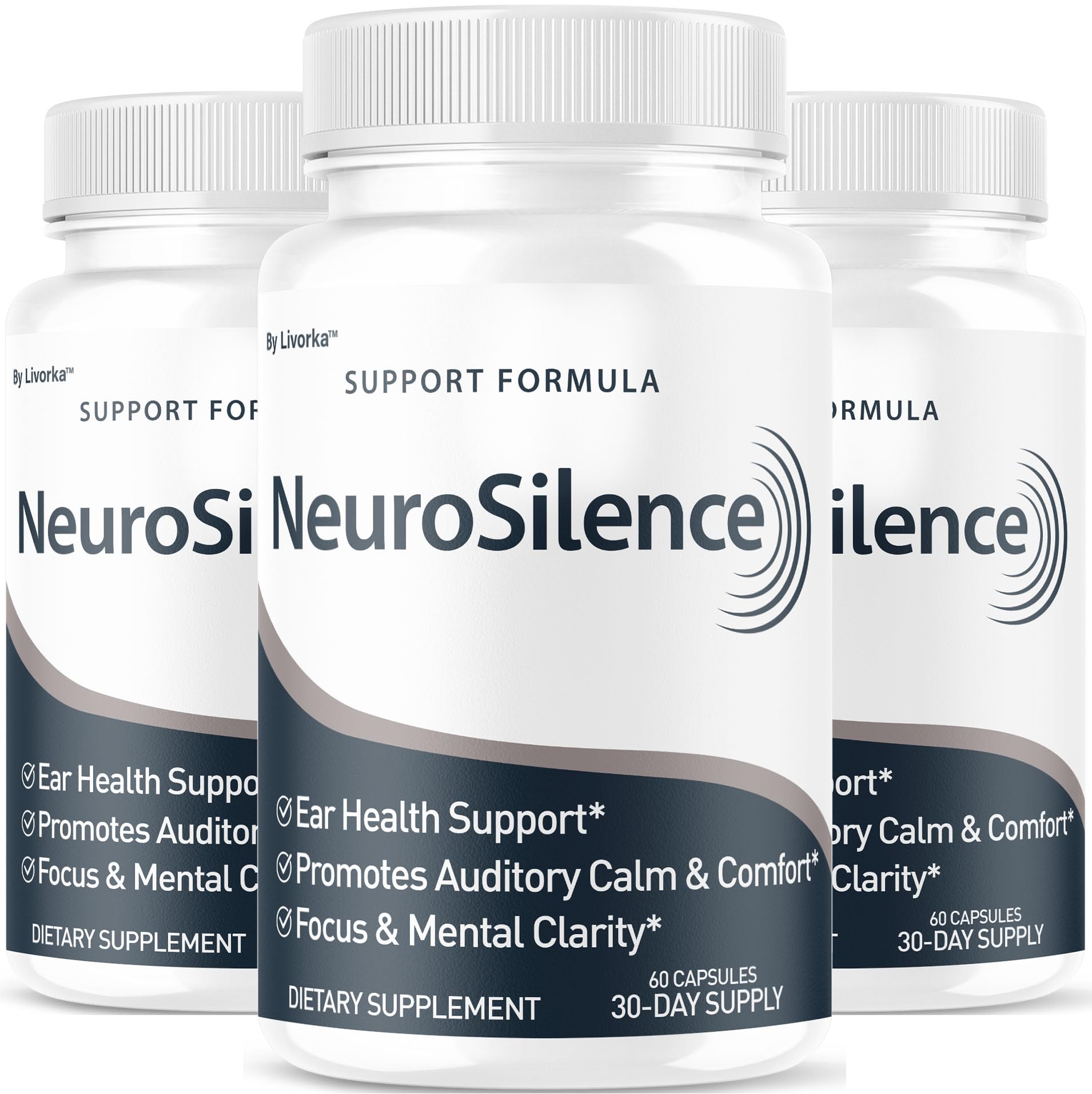 LIVORKA Neurosilence 3-pack bottle front promotes daily ear health support.