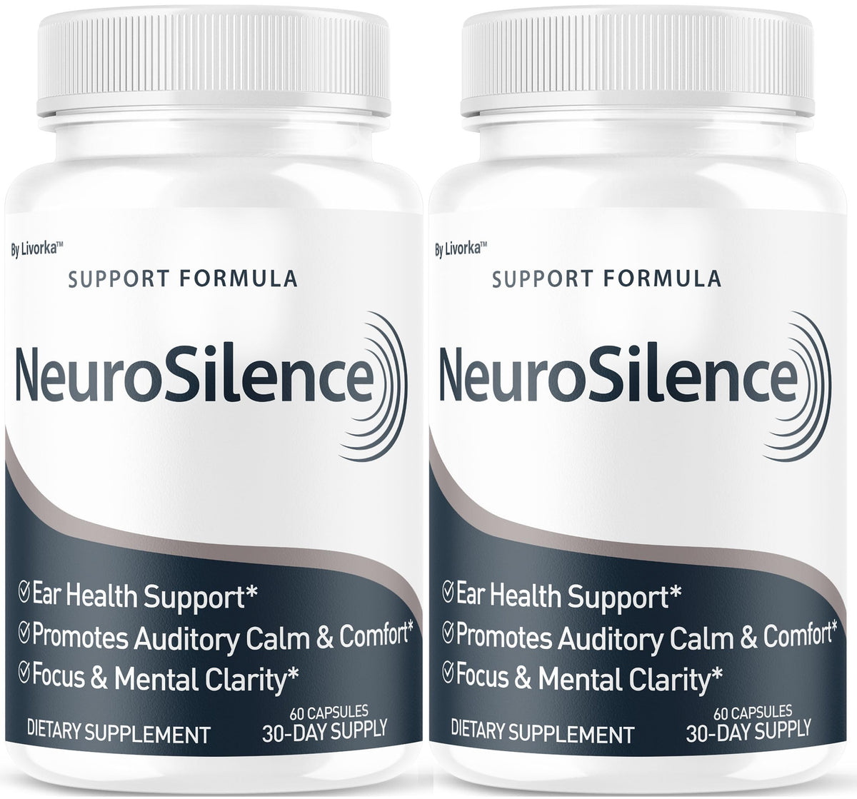 LIVORKA Neurosilence bottle front showing the 2‑month supply for ear health and focus