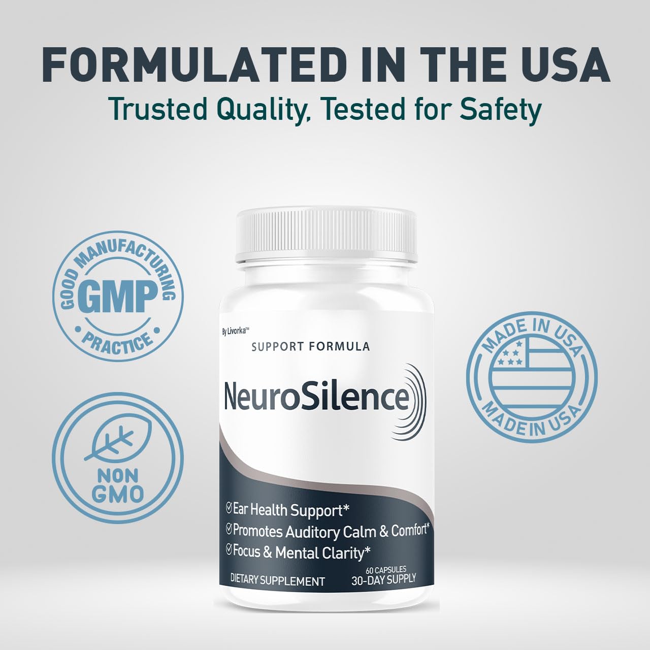 LIVORKA Neurosilence label emphasizing GMP and USA manufacturing standards