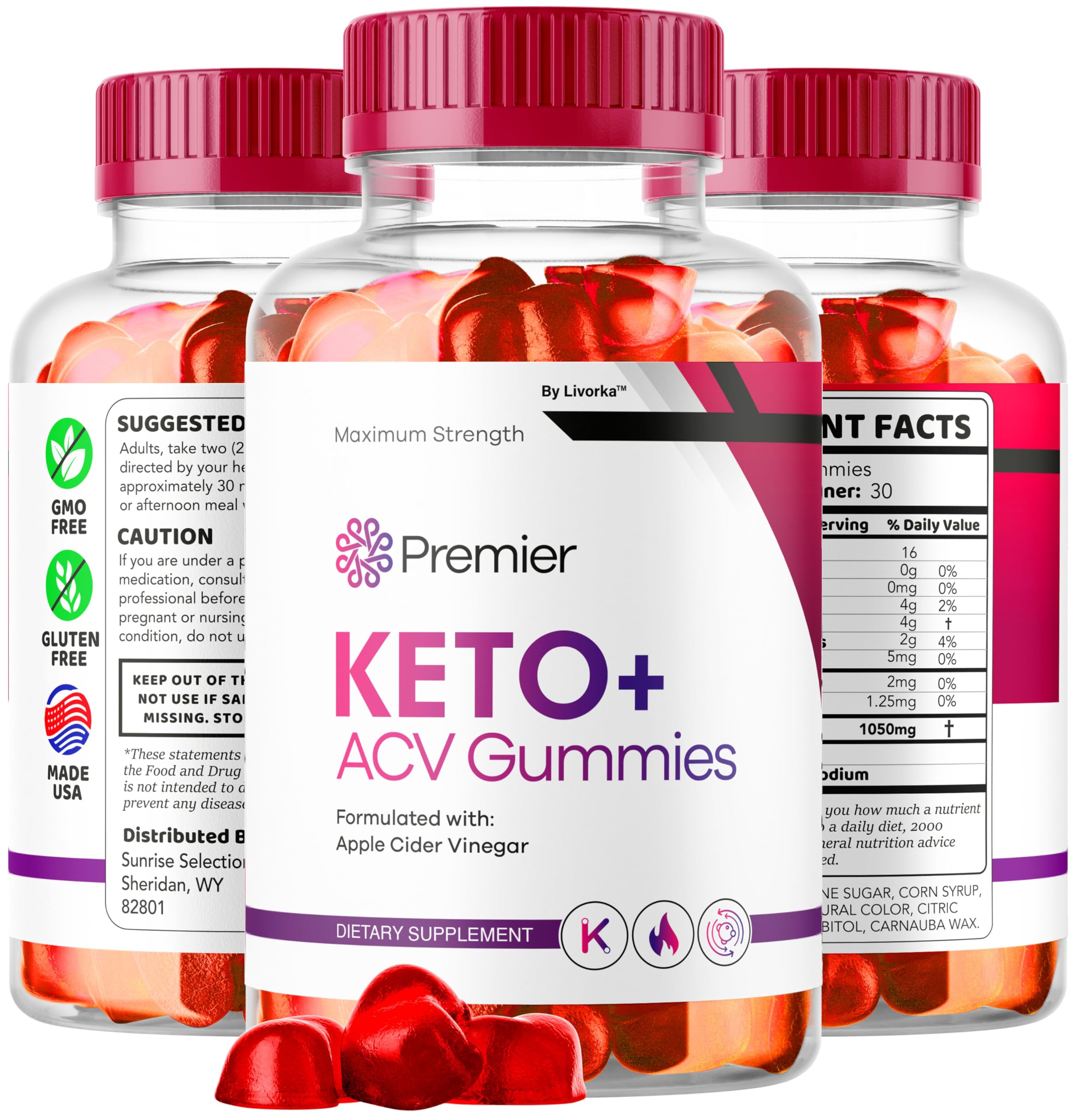LIVORKA Premier Keto Plus ACV Gummies packaging shows two-month supply.