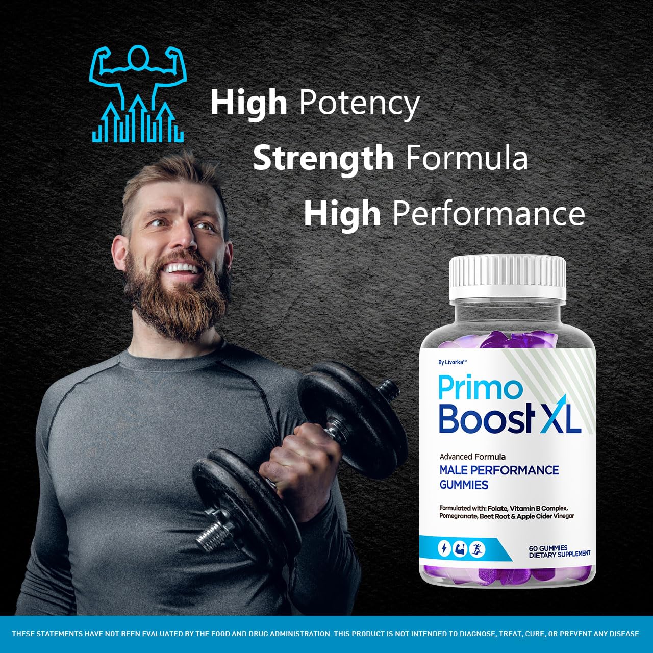 LIVORKA Primo Boost XL Gummies label emphasizes ingredients and male wellness.