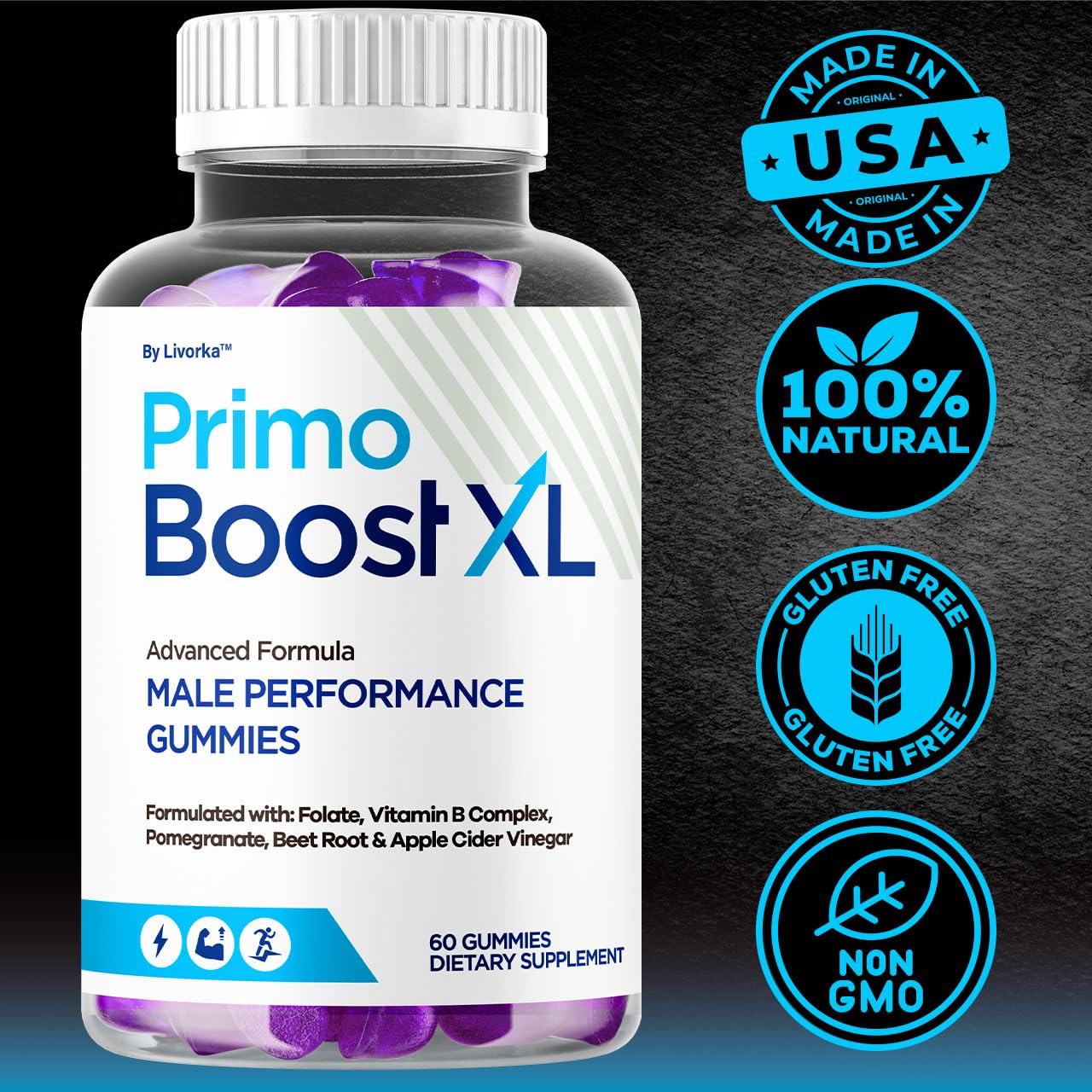 LIVORKA Primo Boost XL bottle beside workout gear suggests performance support.