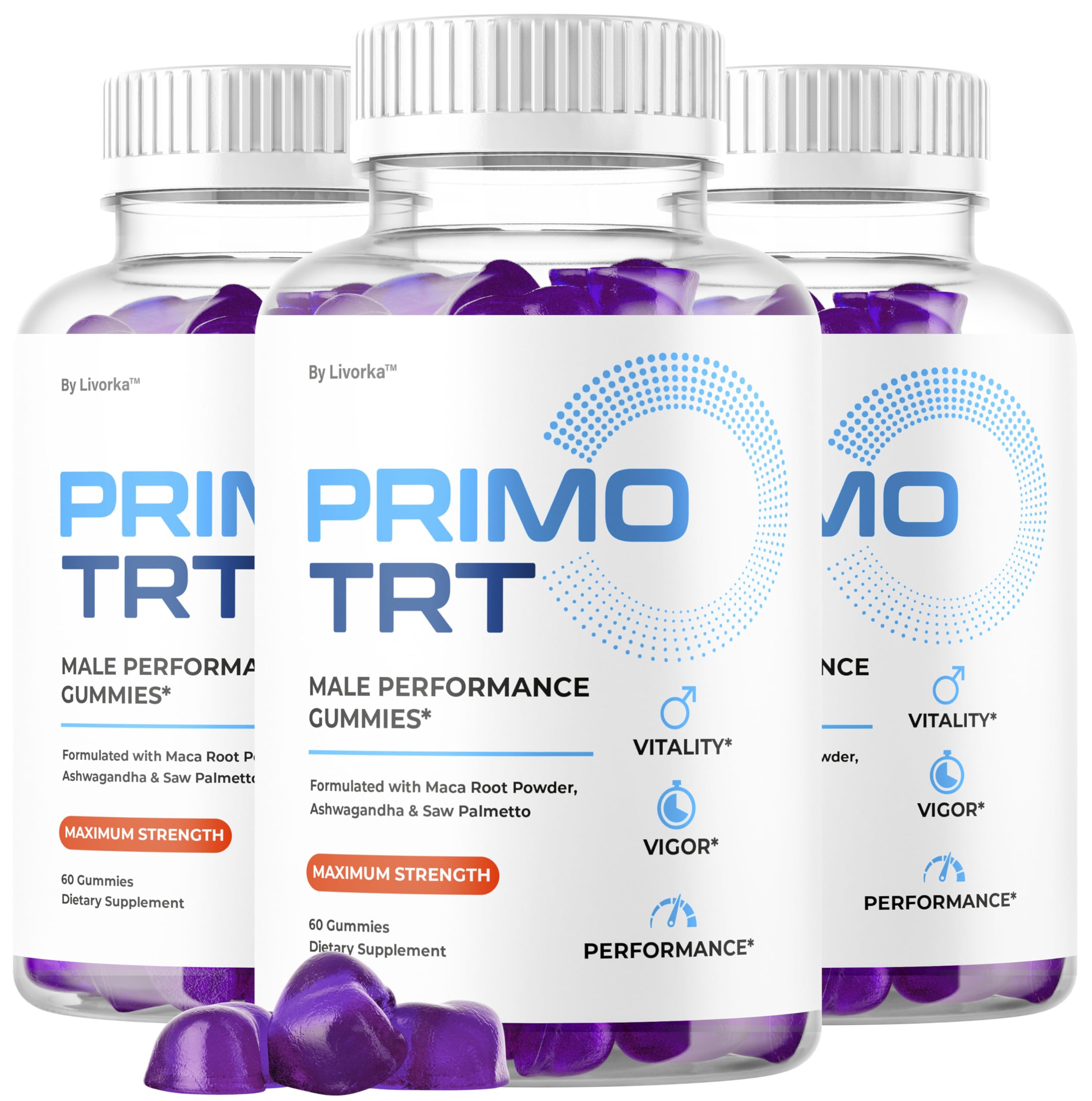 LIVORKA Primo TRT Gummies bottle for daily energy and male wellness support.