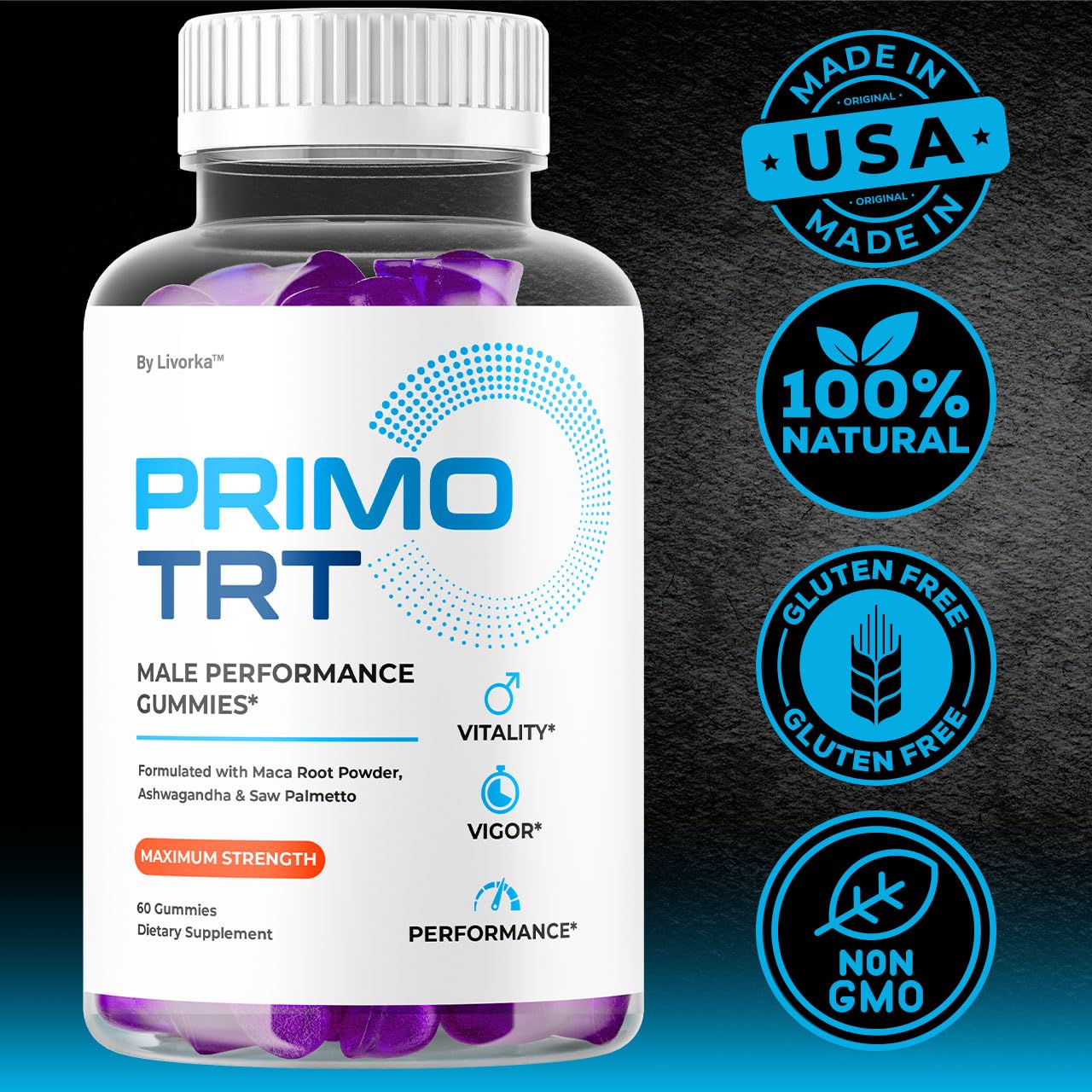 LIVORKA Primo TRT Gummies daily-use bottle shown with timer reminder.
