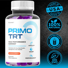 LIVORKA Primo TRT Gummies daily-use bottle shown with timer reminder.