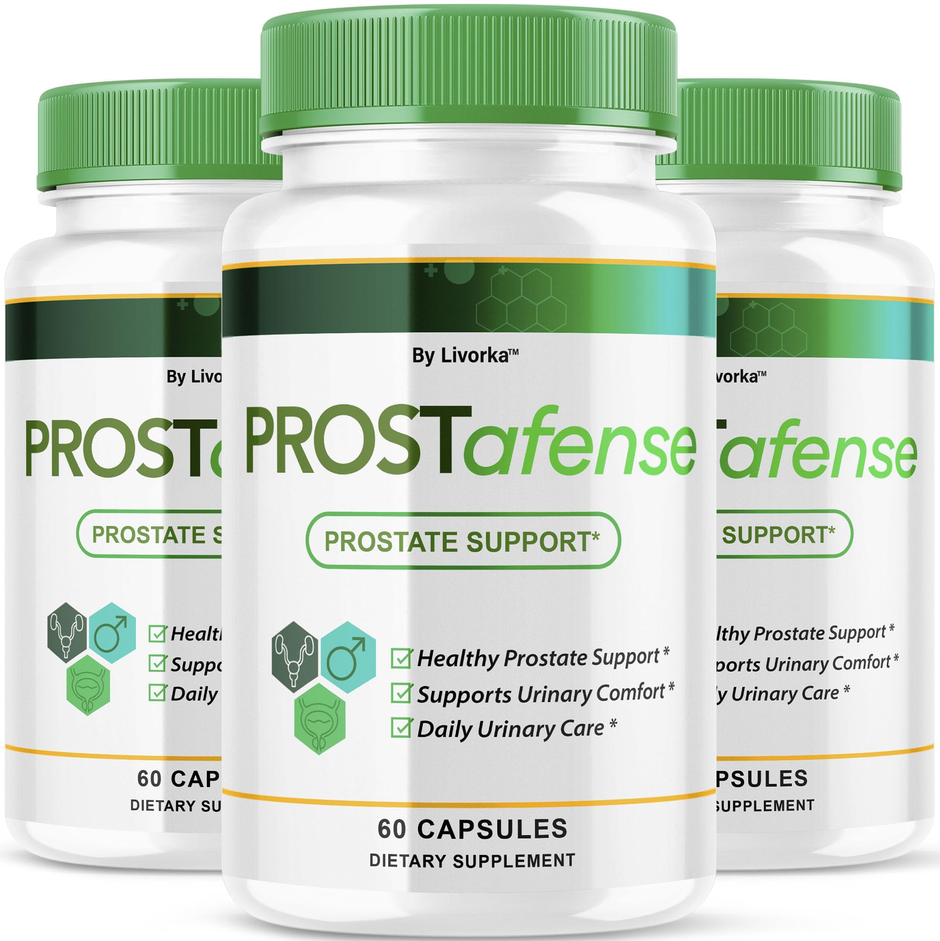 LIVORKA Prostafense 3-pack bottle front supports daily wellness routines.