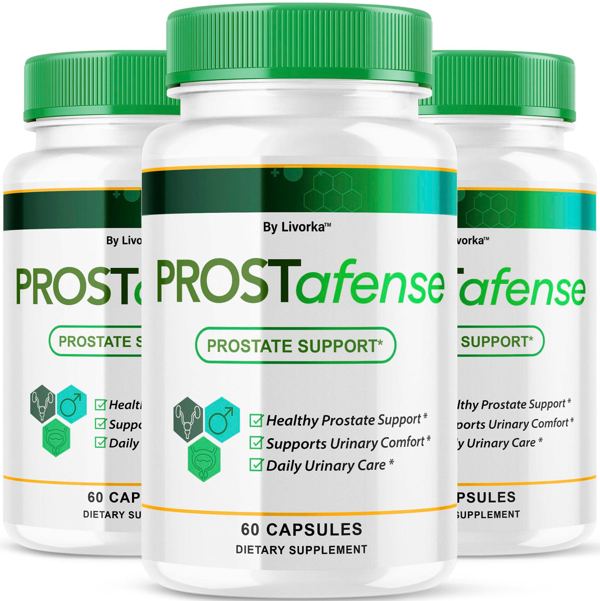 LIVORKA Prostafense 3-pack bottle front supports daily wellness routines.