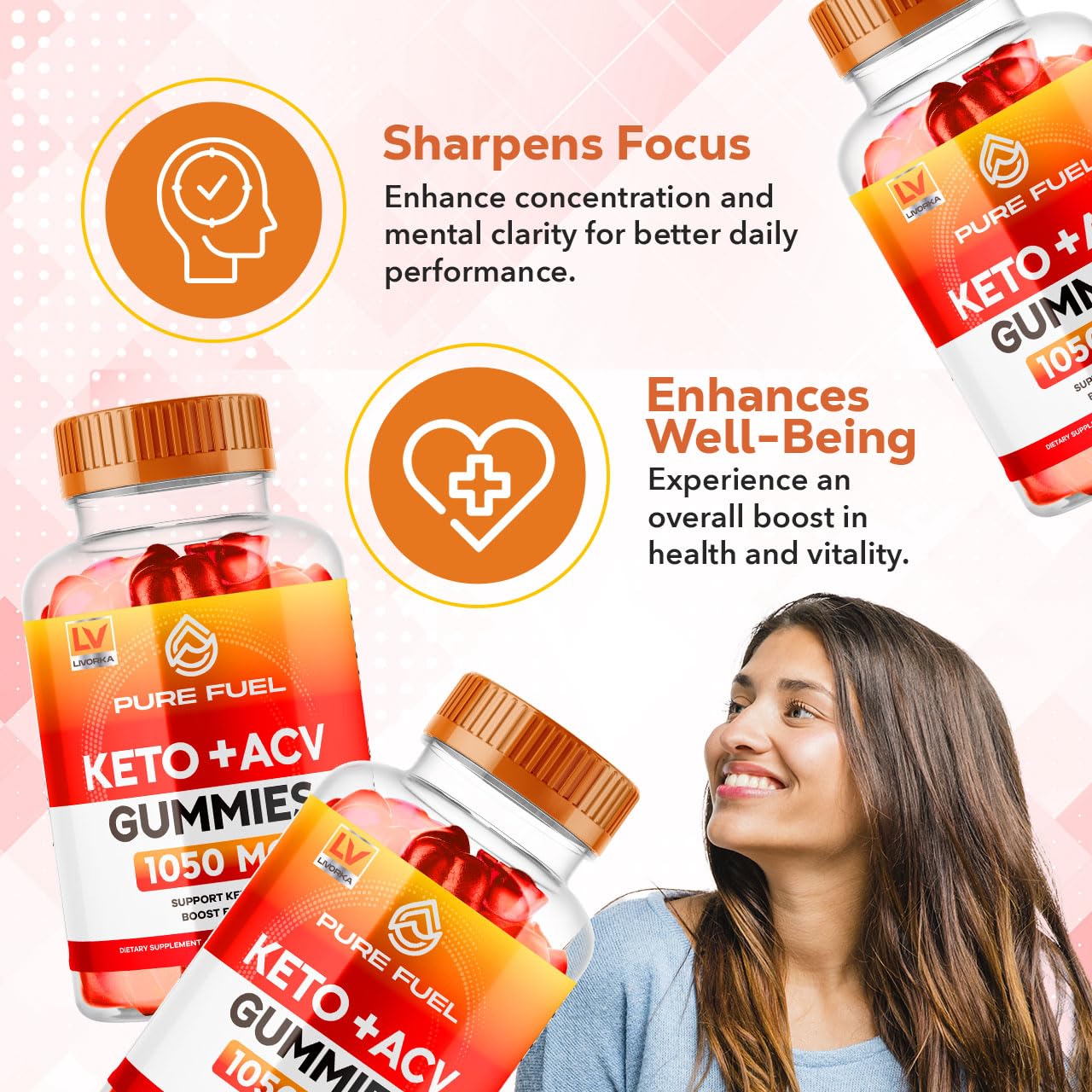 LIVORKA Pure Fuel ACV Gummies bottle highlighting tangy flavor option
