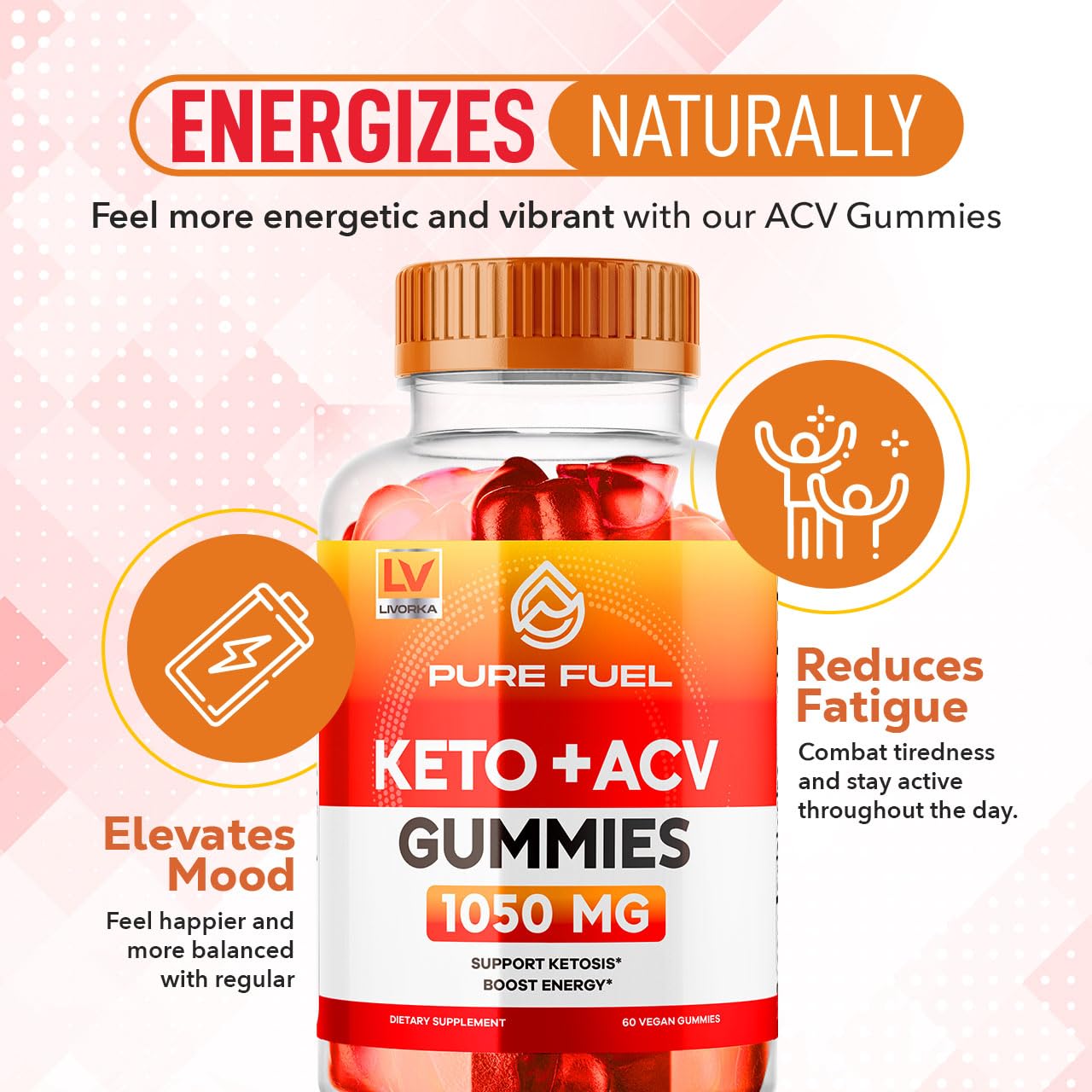 LIVORKA Pure Fuel Keto Gummies bottle back with nutrition details