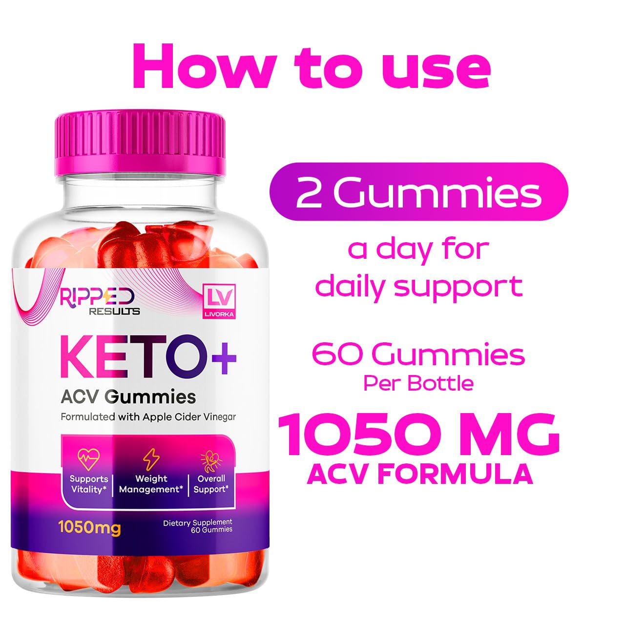 LIVORKA Ripped Results Keto gummies label close-up shows 1050mg blend.