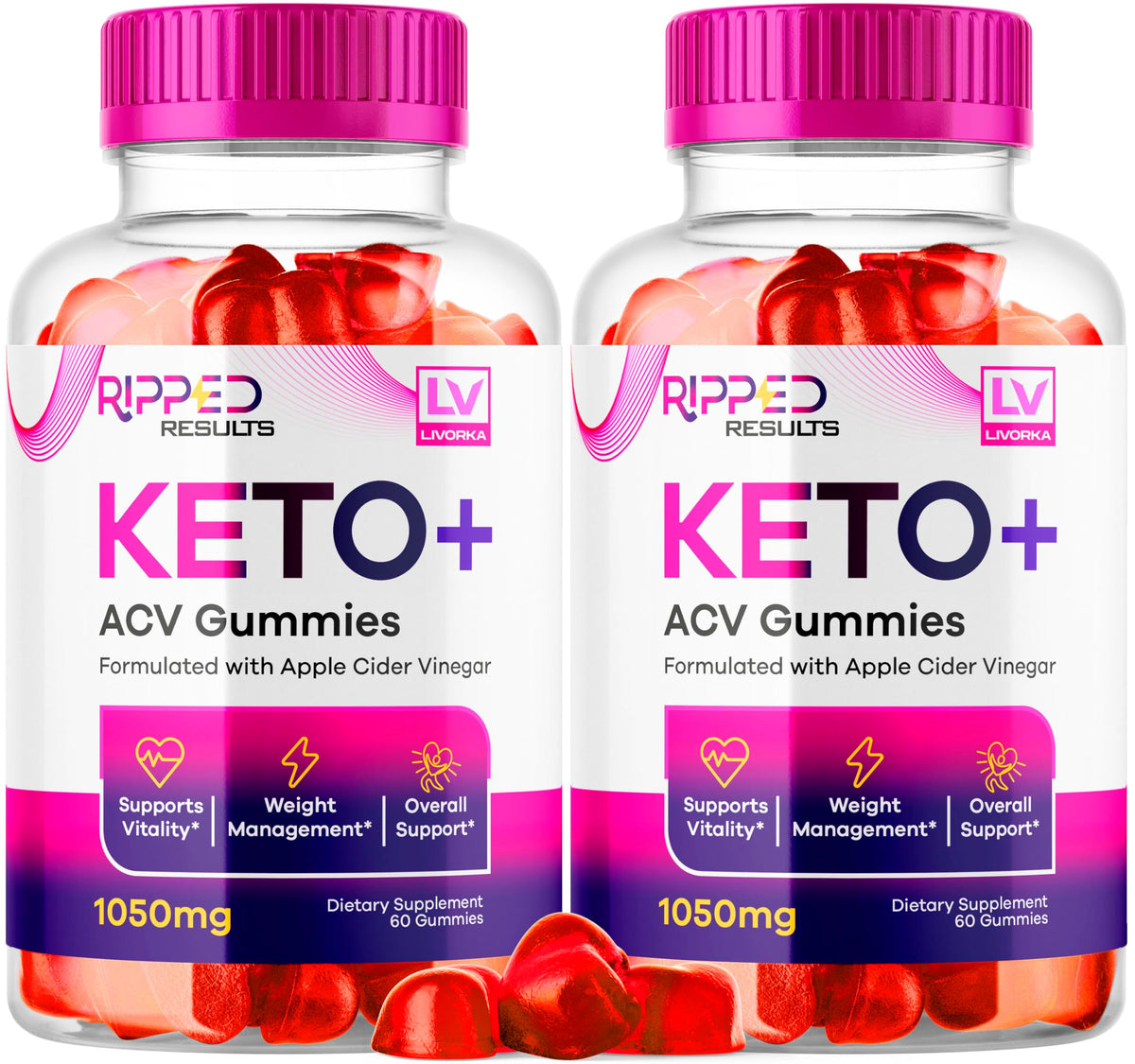 LIVORKA Ripped Results Keto Plus gummies bottle close-up for easy daily use.