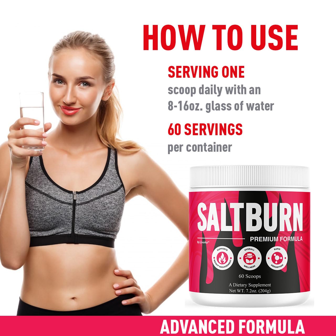 Measuring spoon next to SaltBurn Powder for precise daily dosing.