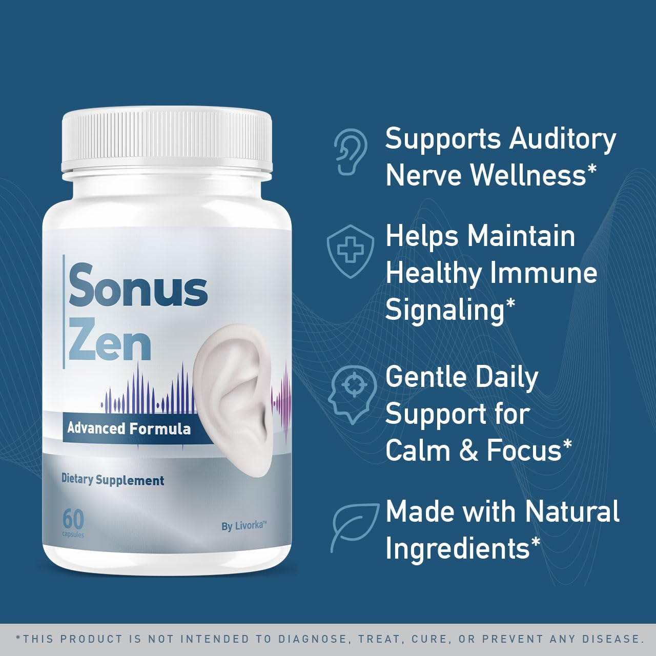 LIVORKA SonusZen capsules bottle back with supplement details for overall health.