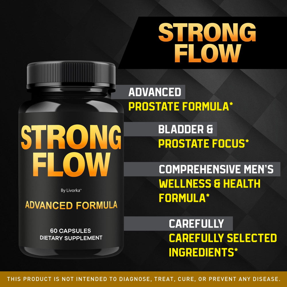 LIVORKA Strong Flow pills close-up highlights premium wellness ingredients.