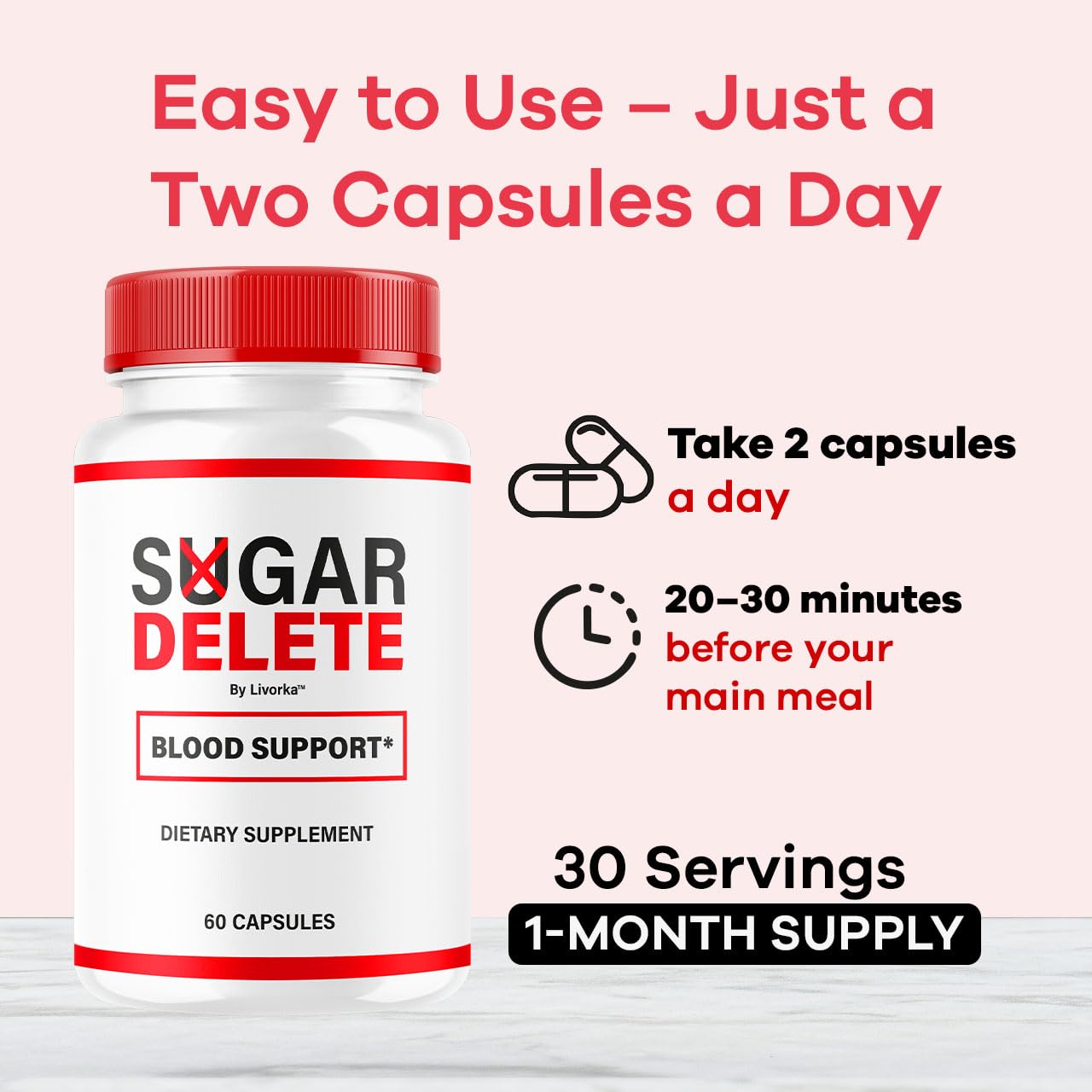 LIVORKA Sugar Delete pills poured into a small dish for easy dosing.