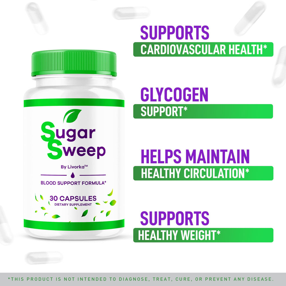 LIVORKA SugarSweep capsules closeup highlighting natural formula benefits and easy swallowing.