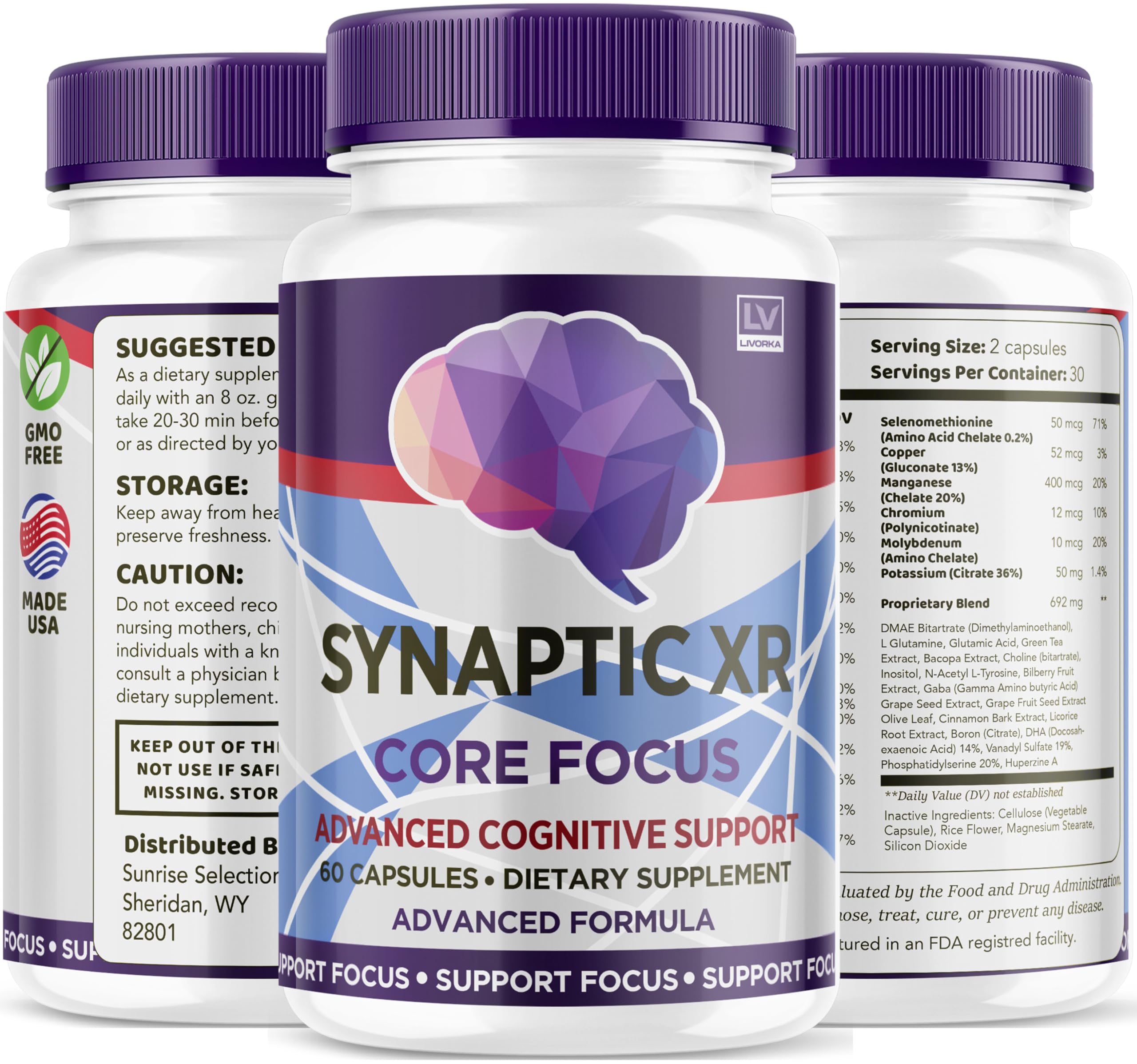 Usage scene shows a person taking Synaptic XR capsules during work