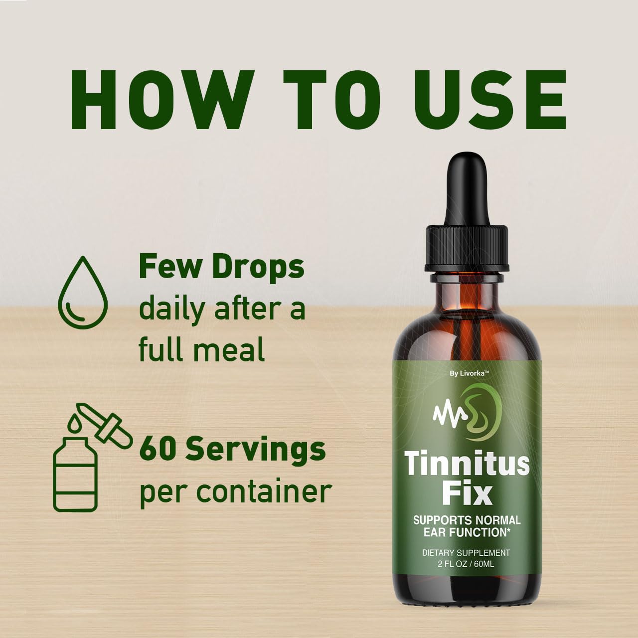 LIVORKA TinnitusFix Drops dropper close up showing convenient liquid format.