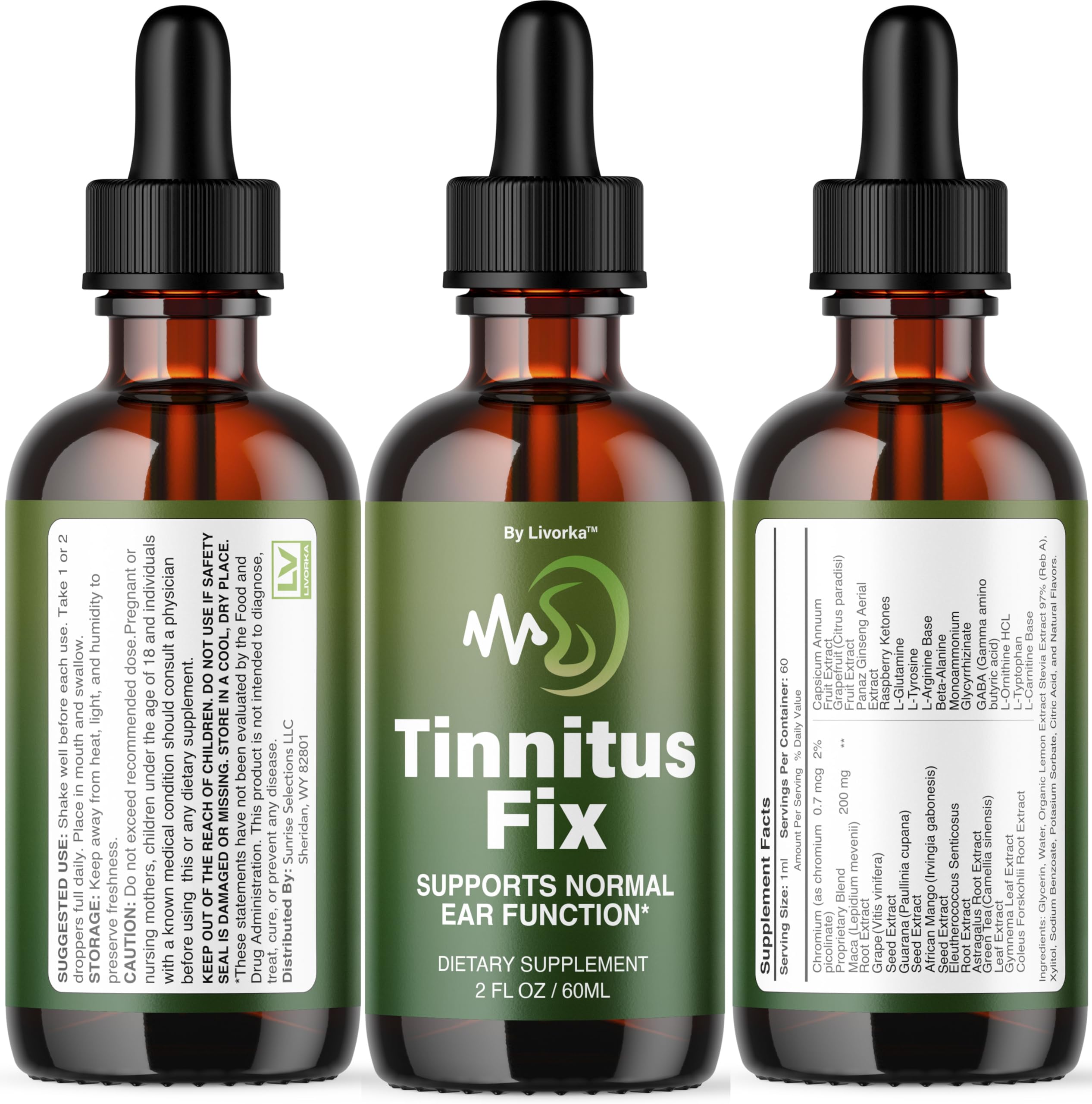 LIVORKA TinnitusFix Drops close-up on bottle label and herbs.