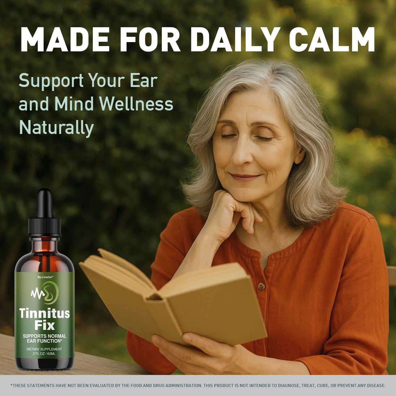 LIVORKA TinnitusFix Drops label informs about natural ingredients.