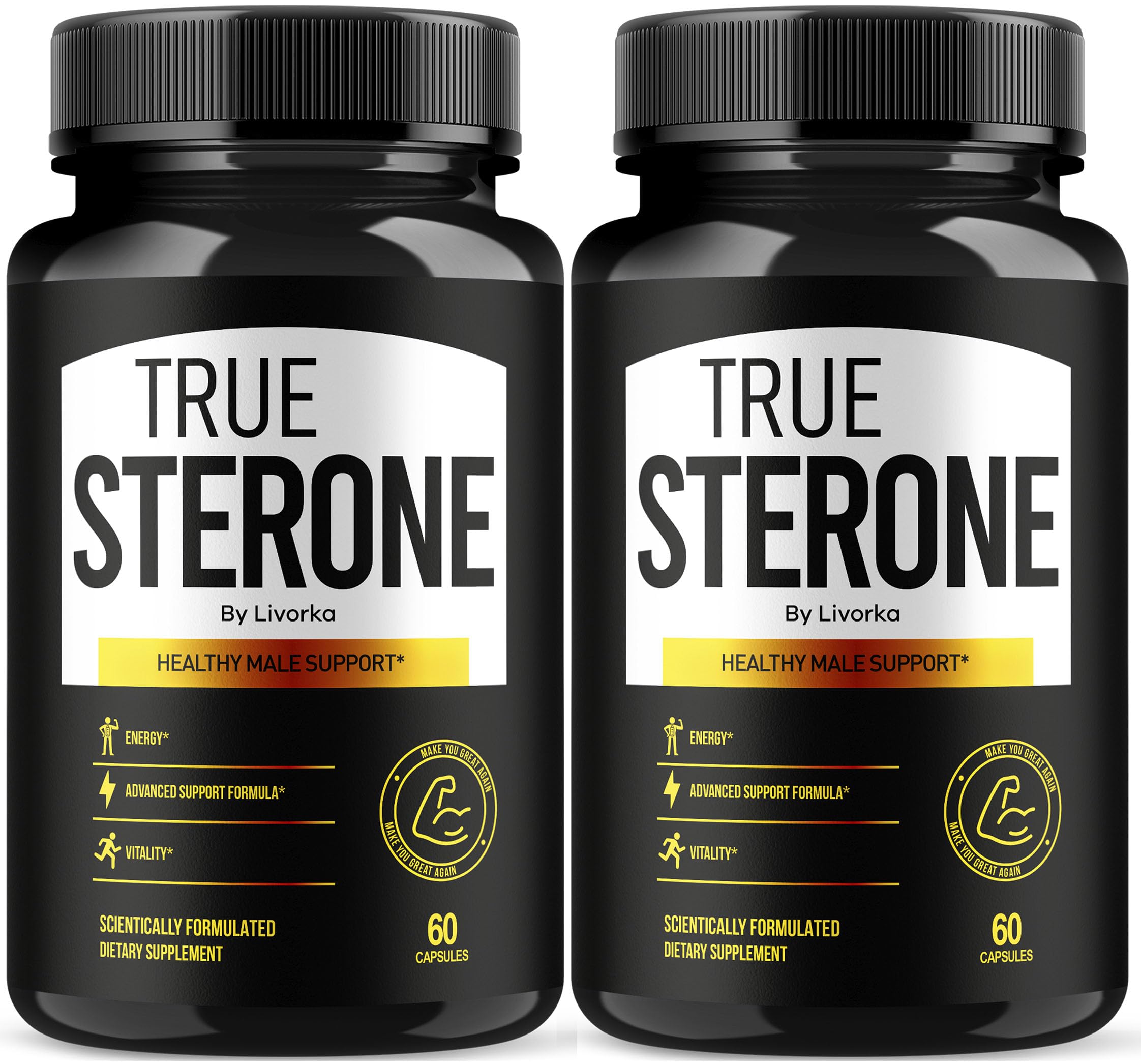 LIVORKA True Sterone pills bottle front showing two-pack packaging for convenient daily use.