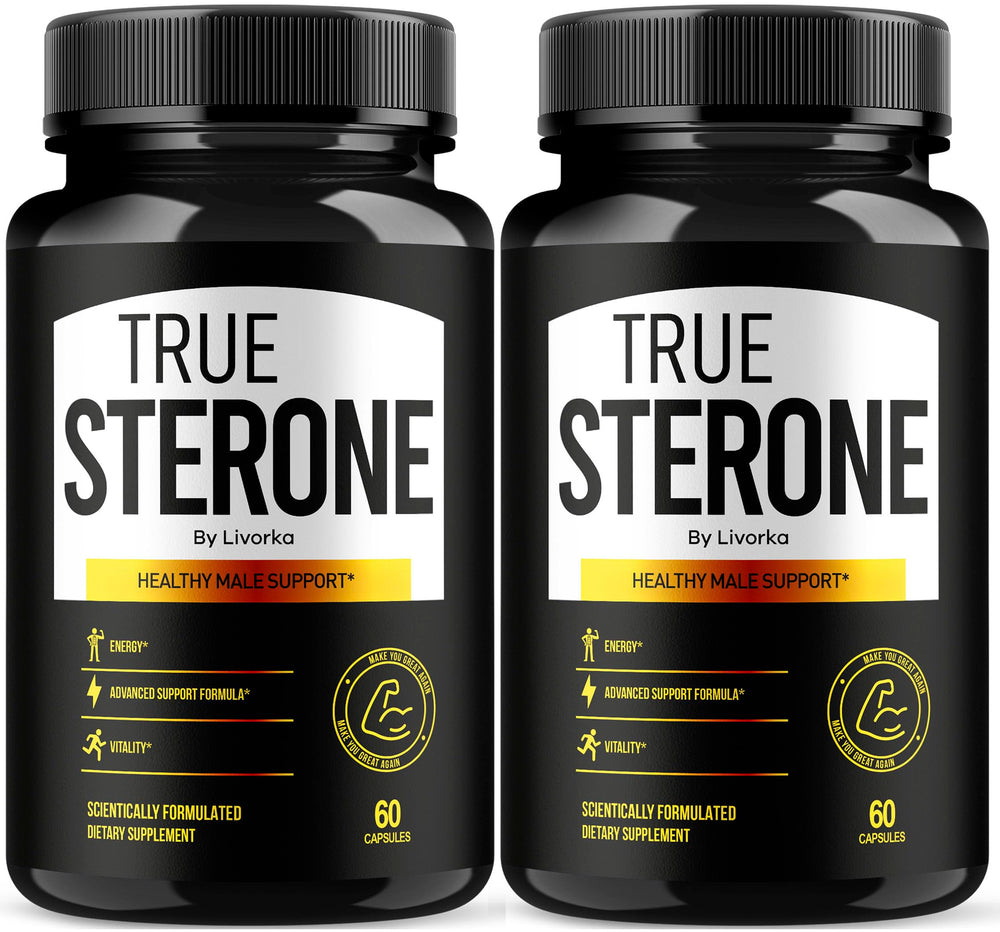 LIVORKA True Sterone pills bottle front showing two-pack packaging for convenient daily use.