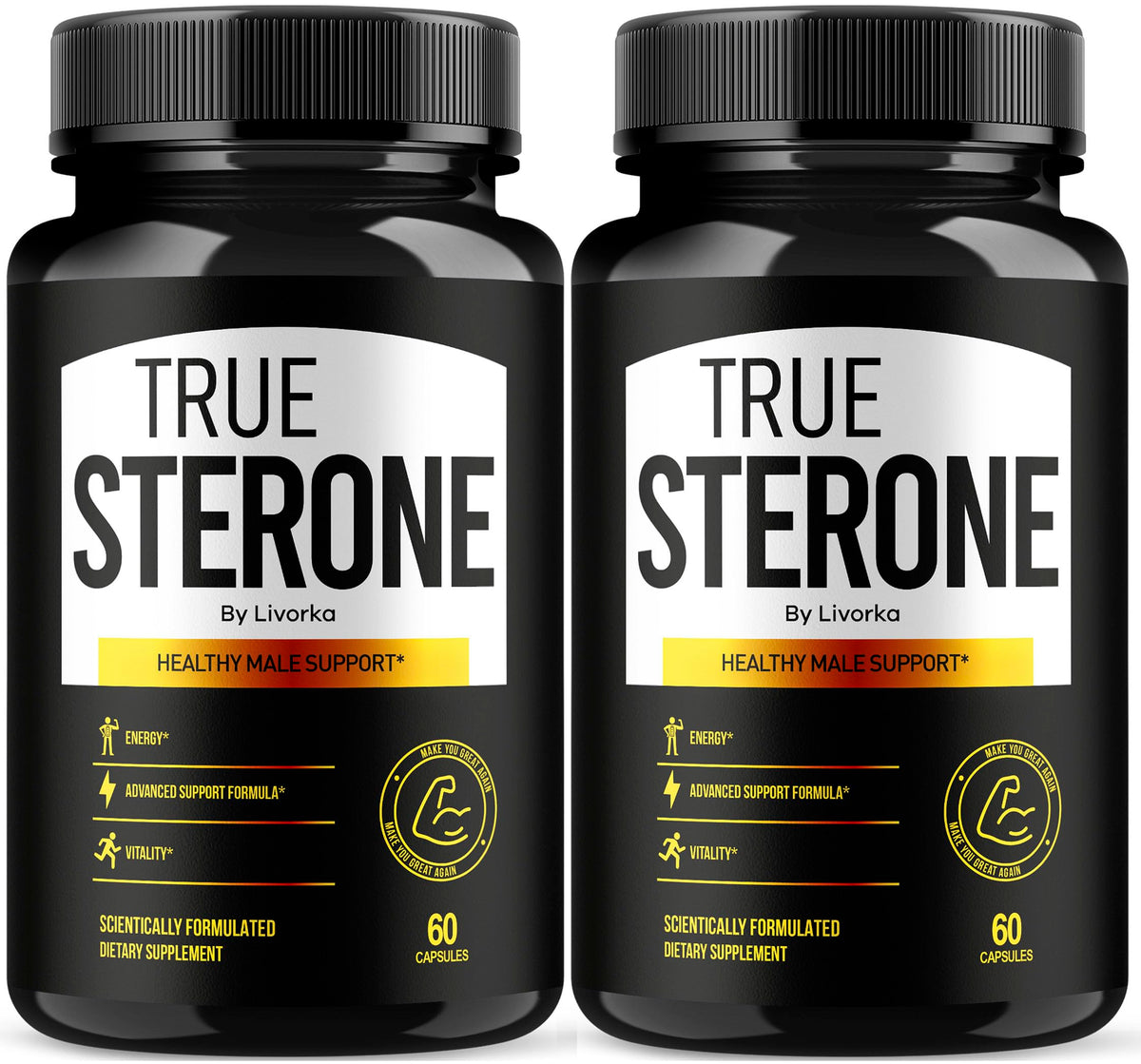 LIVORKA True Sterone pills bottle front showing two-pack packaging for convenient daily use.