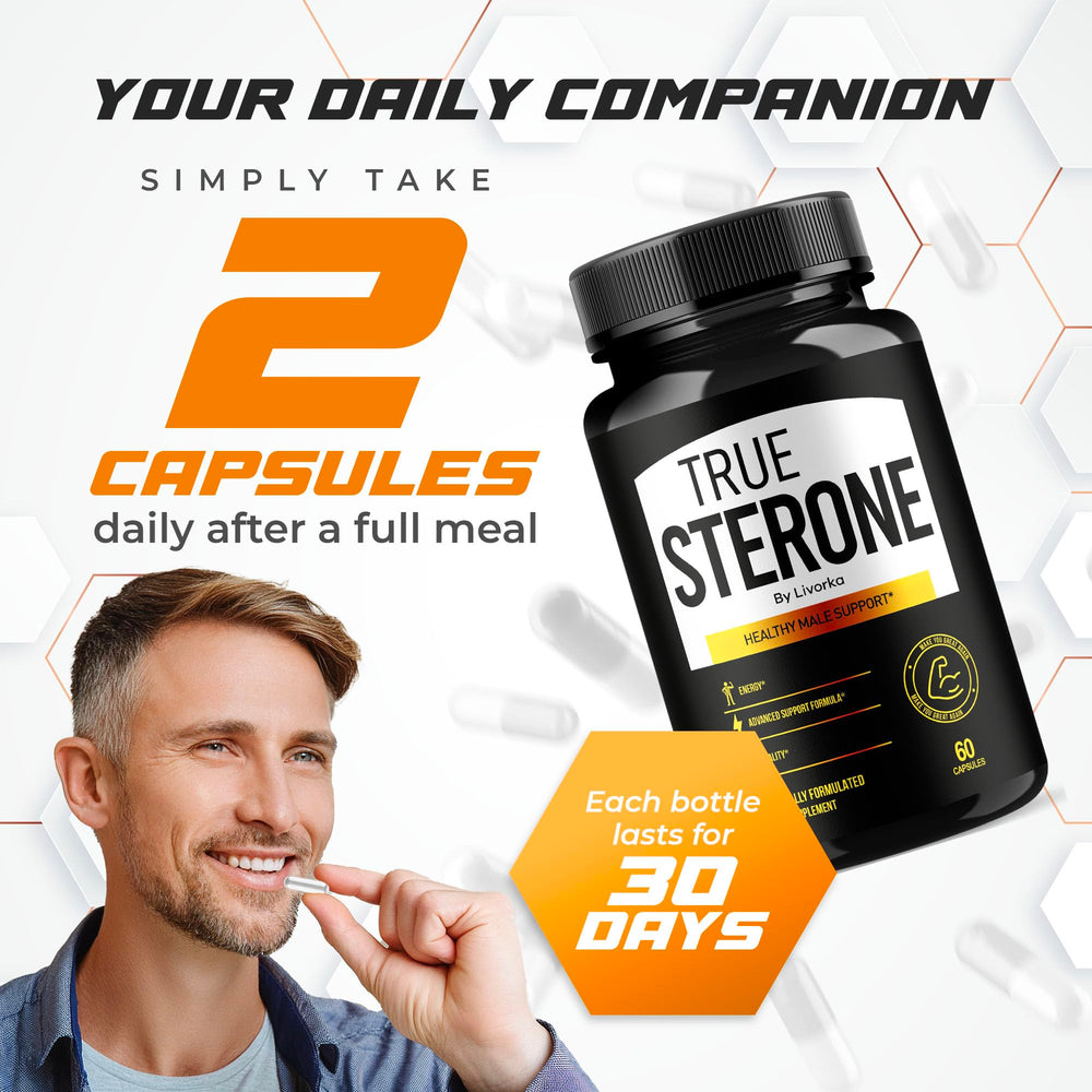 LIVORKA True Sterone capsules closeup showing smooth capsule texture.