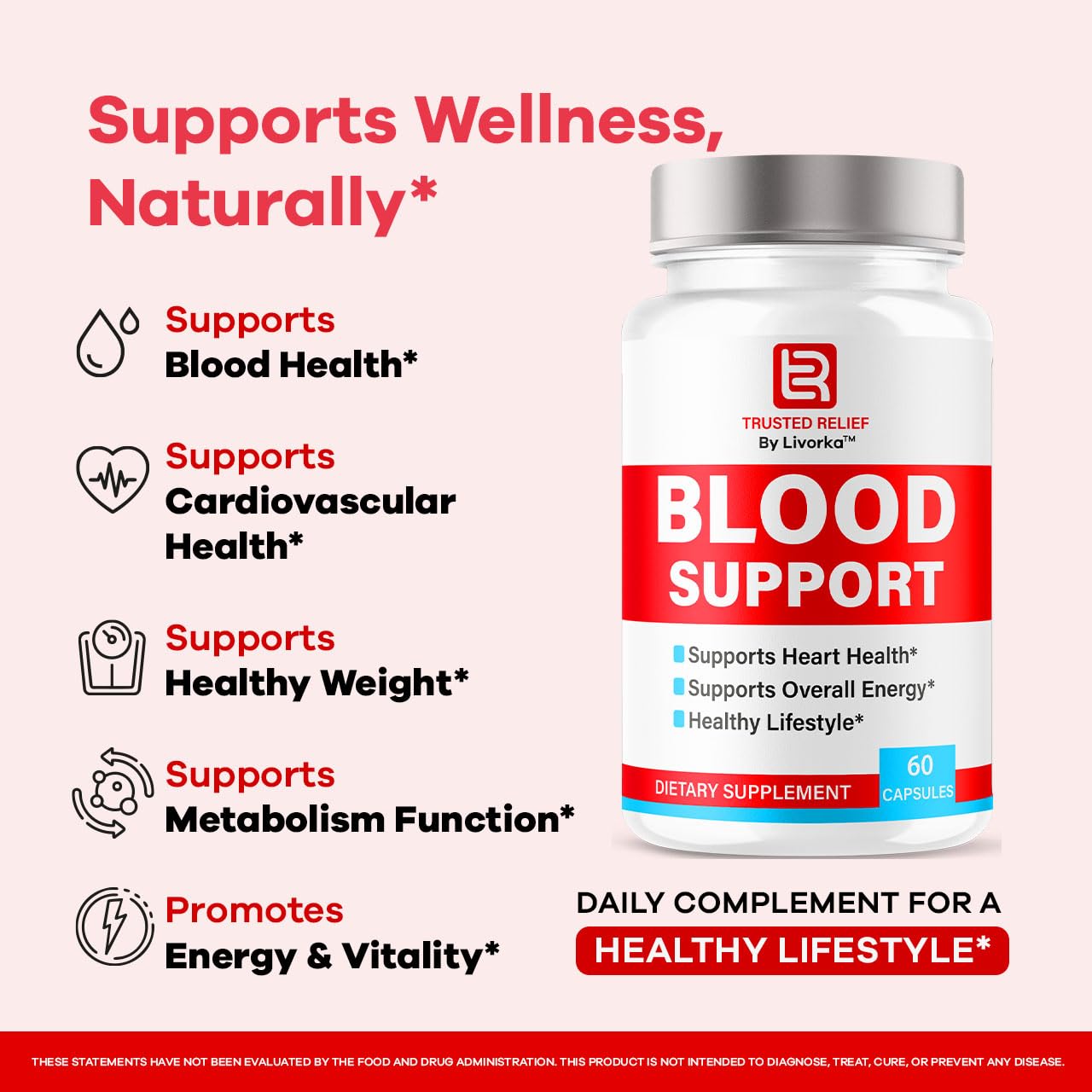 LIVORKA Trusted Relief Blood Support capsules closeup emphasizes easy-to-swallow texture.