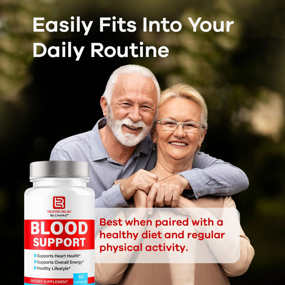 LIVORKA Trusted Relief Blood Support capsules dosage image illustrates daily use routine.