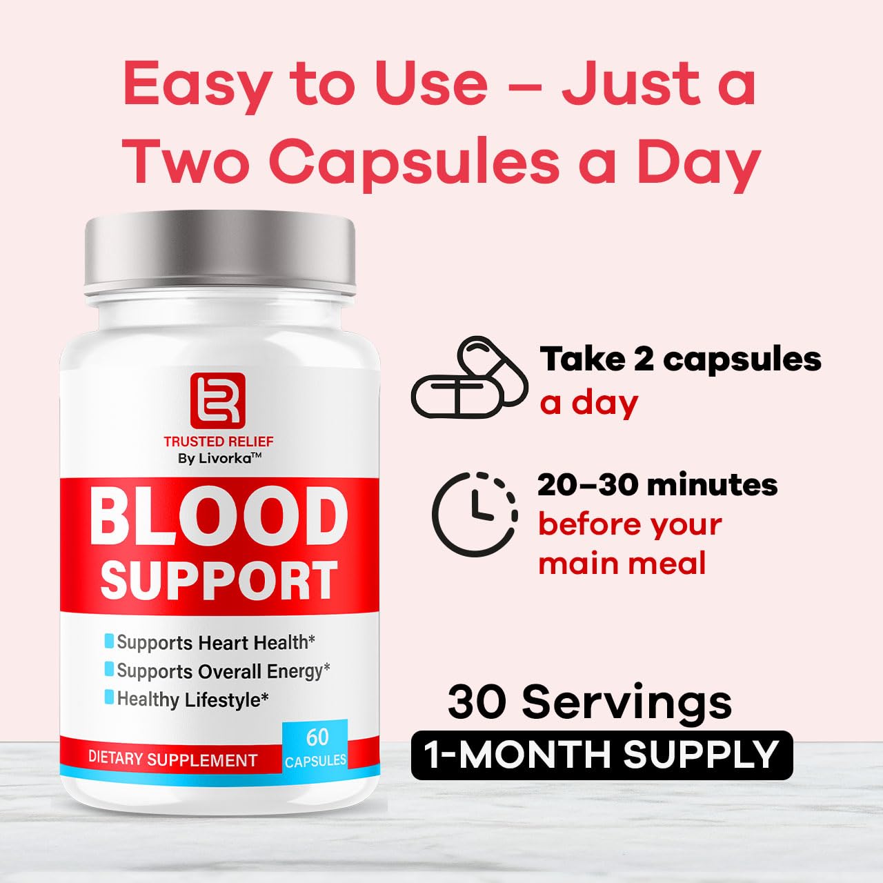 LIVORKA Trusted Relief Blood Support capsules label shows branding and reliability.