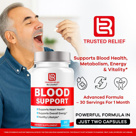 LIVORKA Trusted Relief Blood Support pack highlighting value and easy two-month supply.
