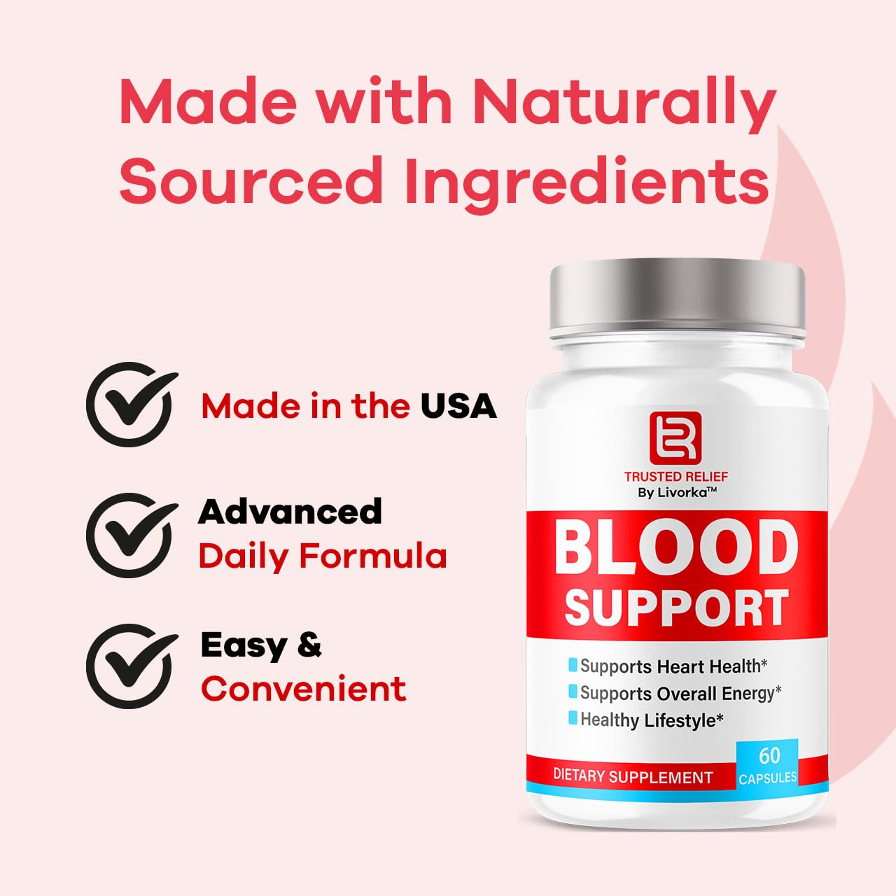 LIVORKA Trusted Relief Blood Support packaging demonstrates convenient two-month supply.