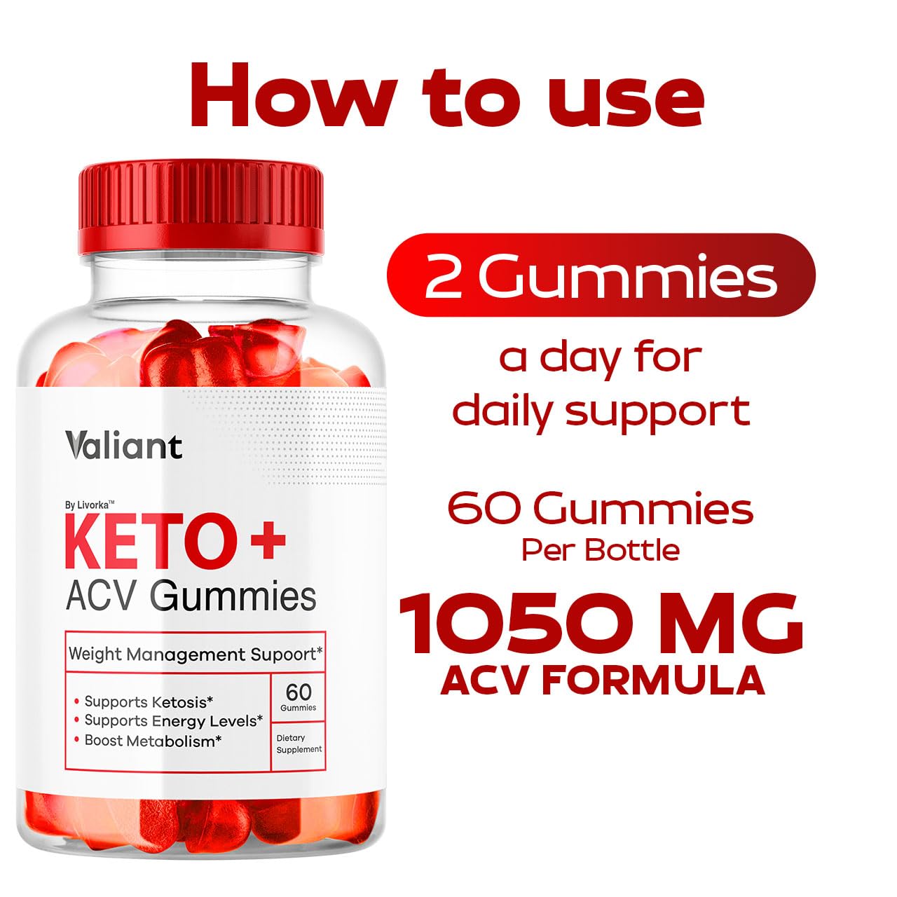 Valiant Keto ACV Gummies nutrition label close-up showing 1050MG ACV blend.