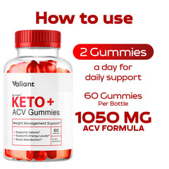 Valiant Keto ACV Gummies nutrition label close-up showing 1050MG ACV blend.