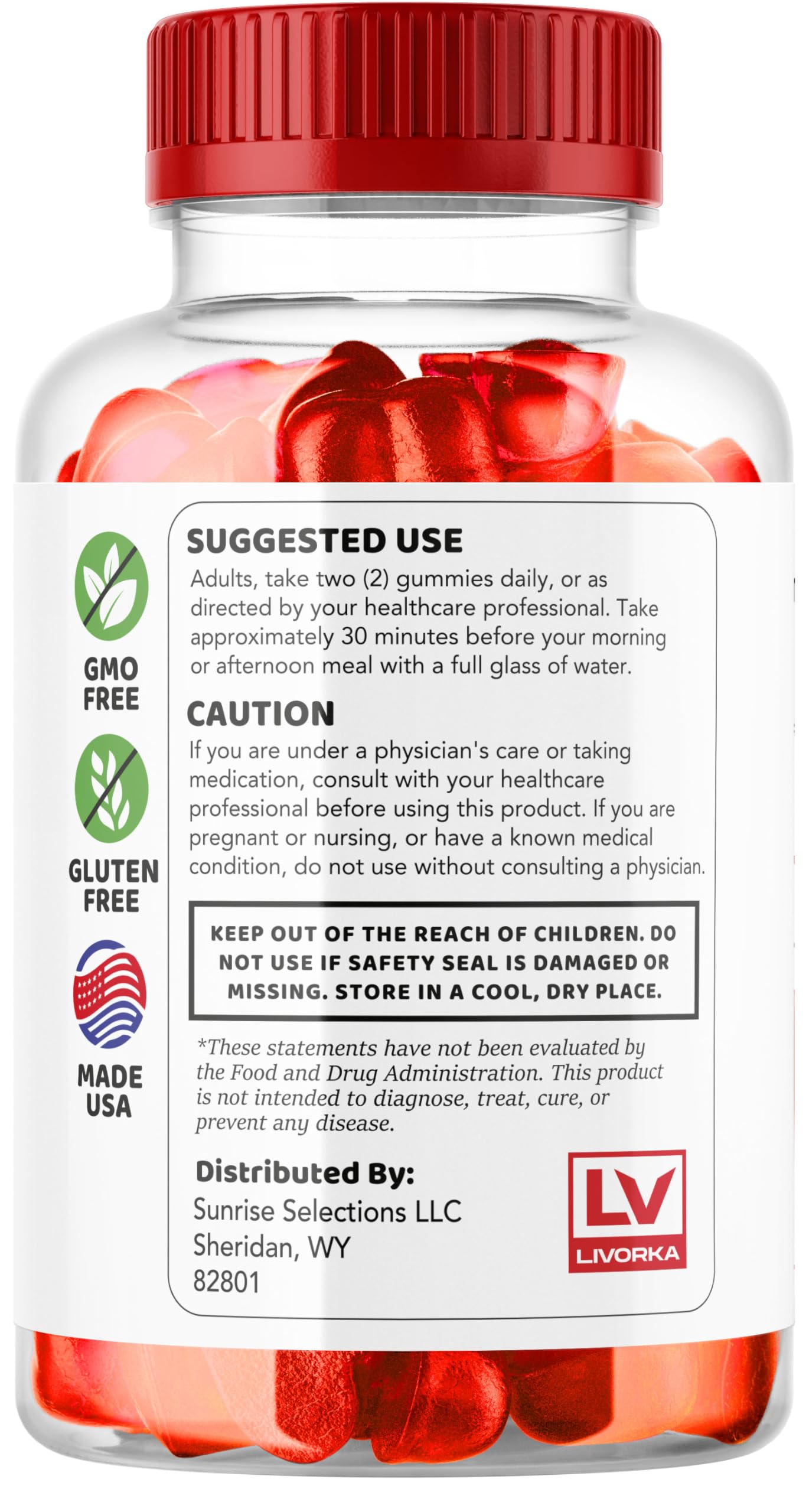 Gummies in labeled bottle beside apples suggesting natural ingredients.