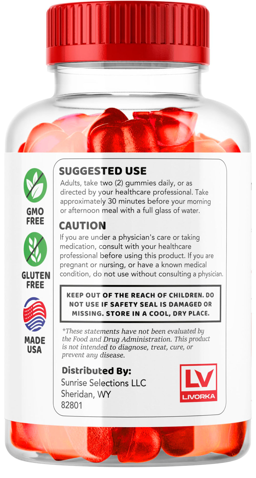 Gummies in labeled bottle beside apples suggesting natural ingredients.