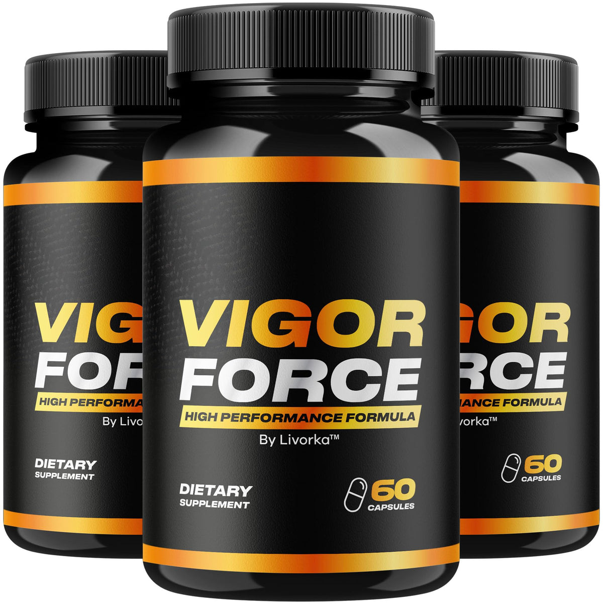 LIVORKA Vigor Force pills bottle front, convenient daily supplement for men.