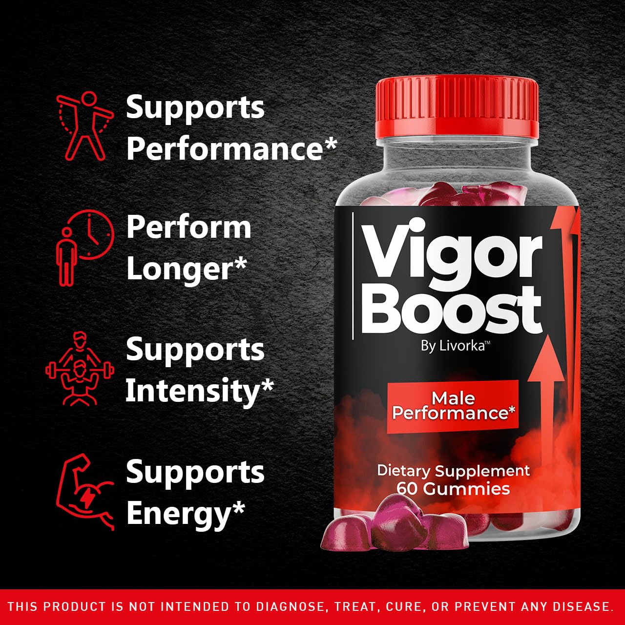 LIVORKA VigorBoost Gummies label close-up highlighting USA-made quality and safety.