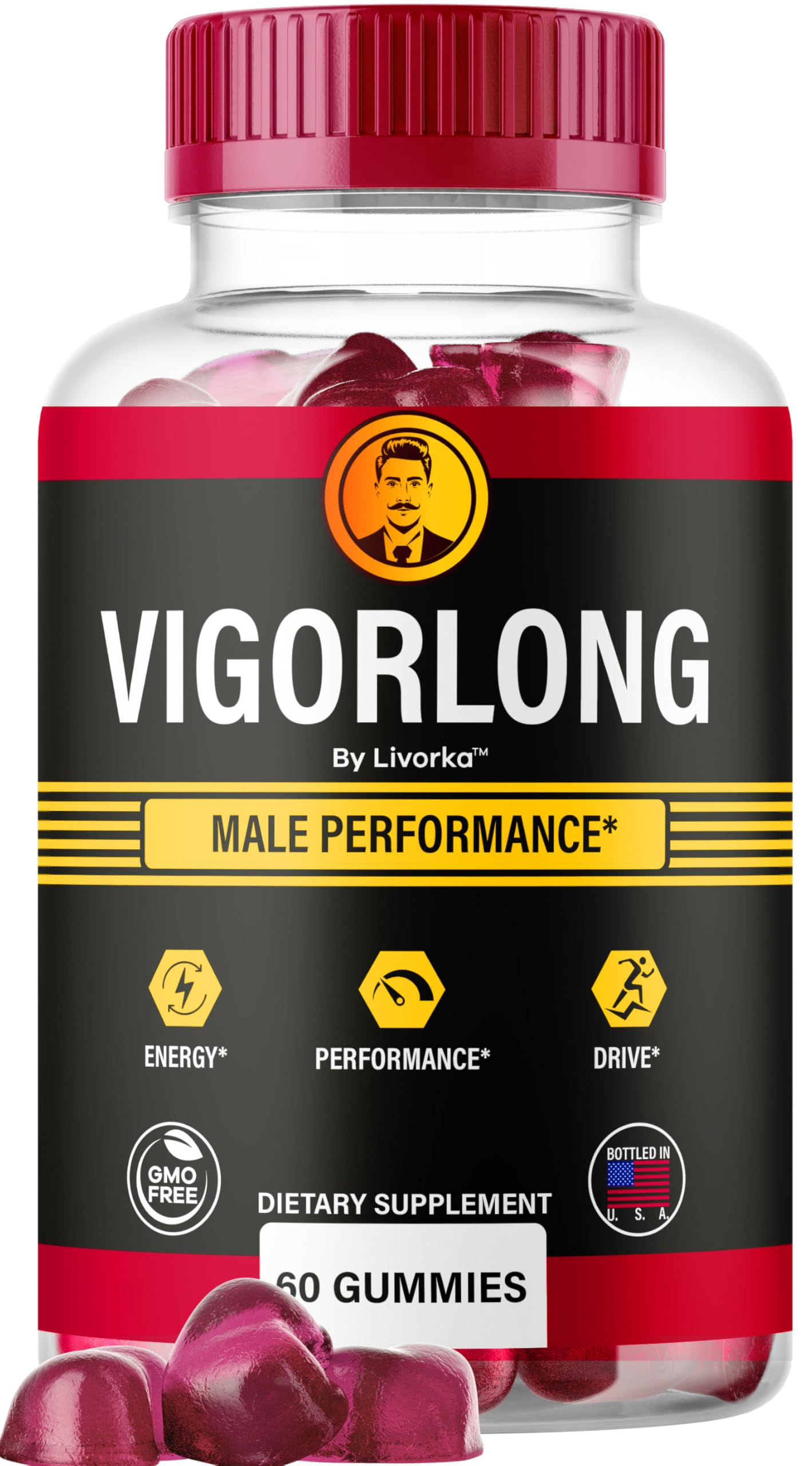 LIVORKA Vigorlong Gummies bottle close-up for daily energy support.