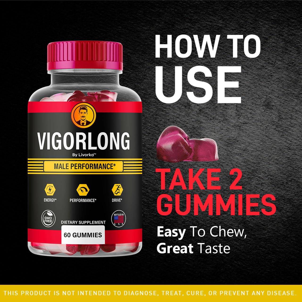 LIVORKA Vigorlong Gummies chew texture closeup, pleasant daily chew.