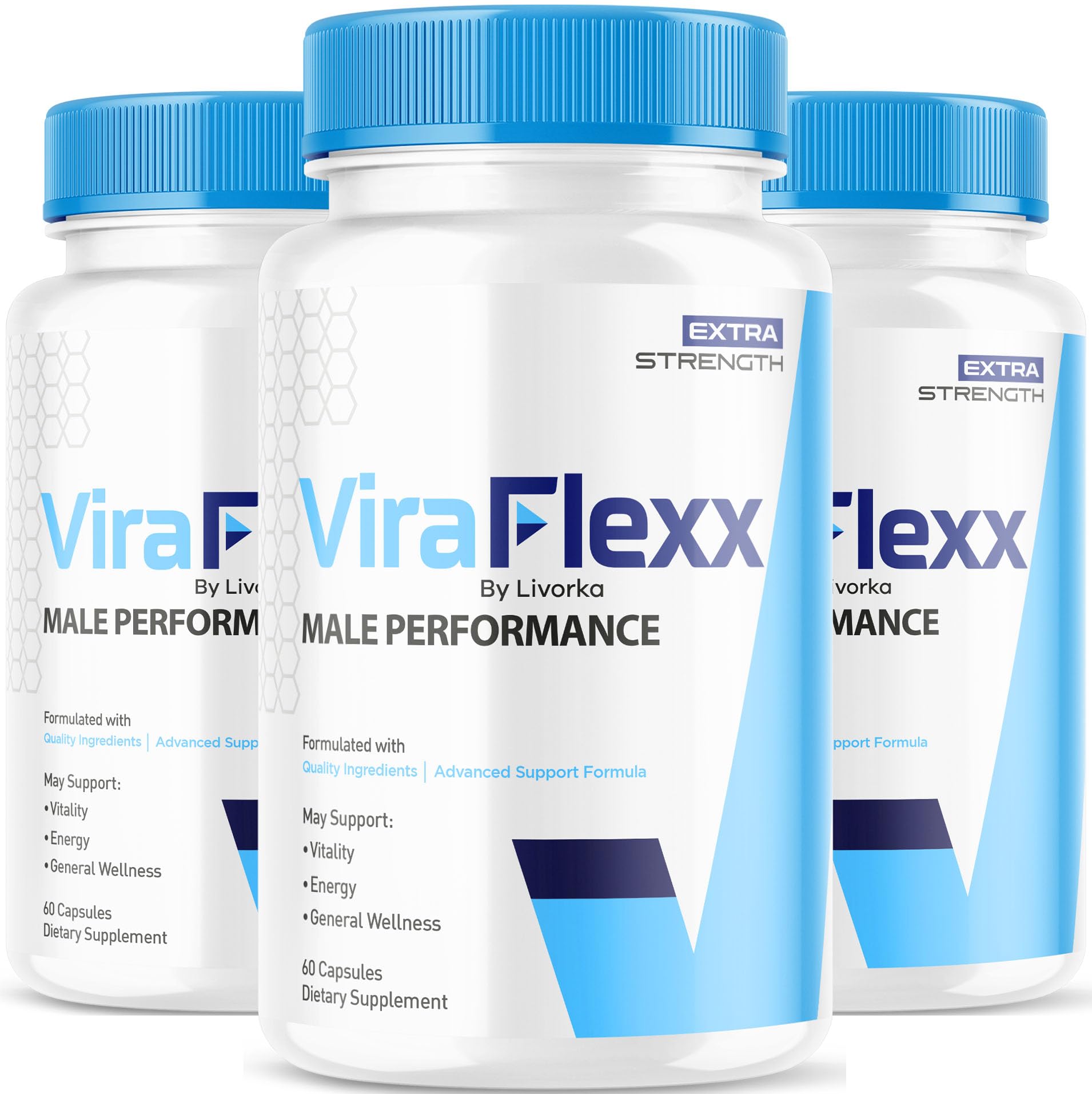 LIVORKA ViraFlexx Pro bottle front shows an all-natural male support formula.