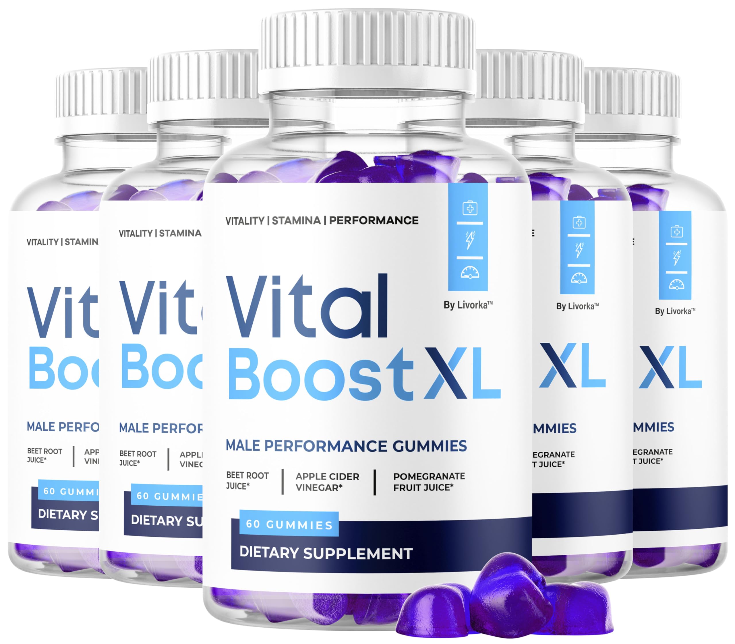 LIVORKA Vital Boost XL Gummies bottle front view for daily energy support.