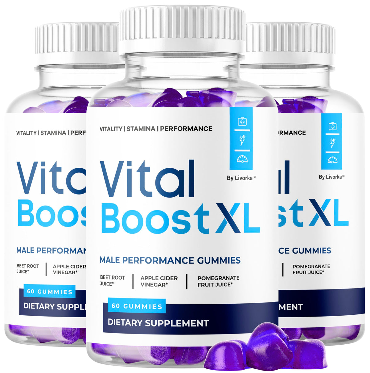 LIVORKA Vital Boost XL Gummies bottle front highlighting premium daily energy support