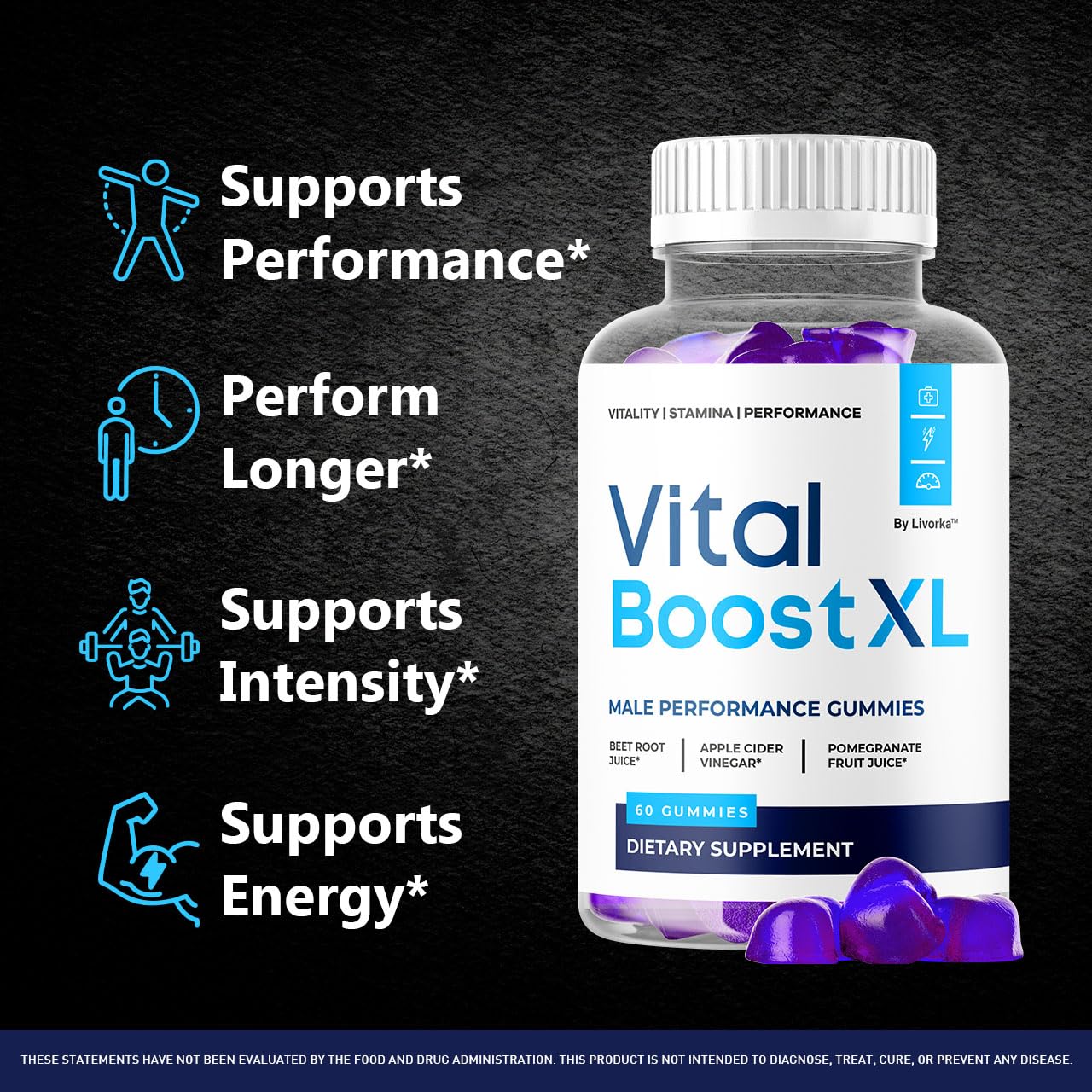 LIVORKA Vital Boost XL Gummies bottle label with USA-made quality claim