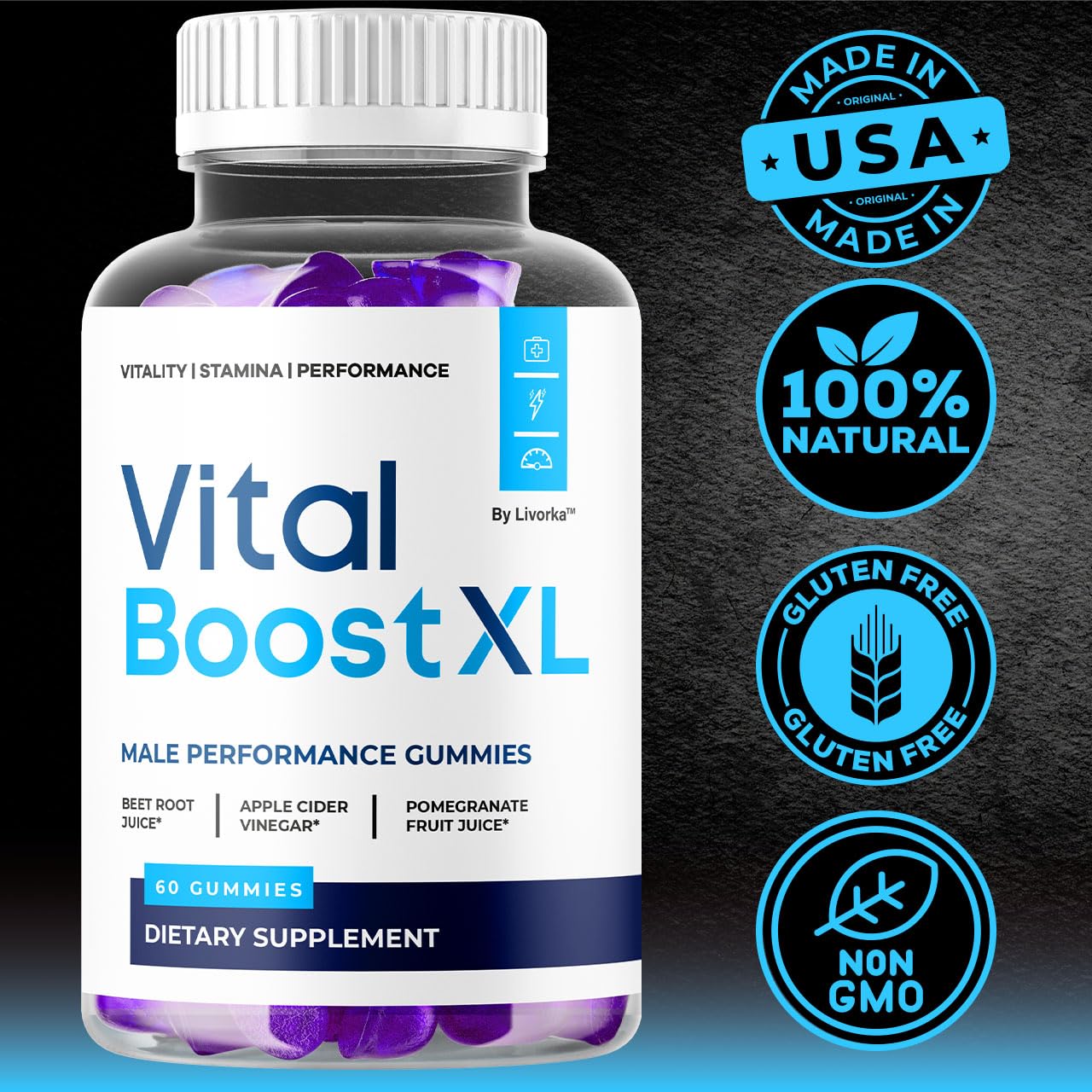 LIVORKA Vital Boost XL Gummies made in USA seal on packaging
