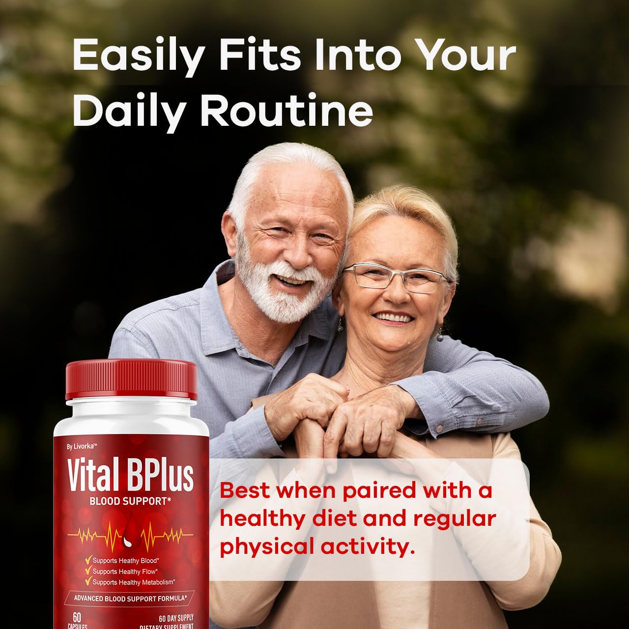 LIVORKA Vital BPlus packaging display for shelf-ready vitamins.